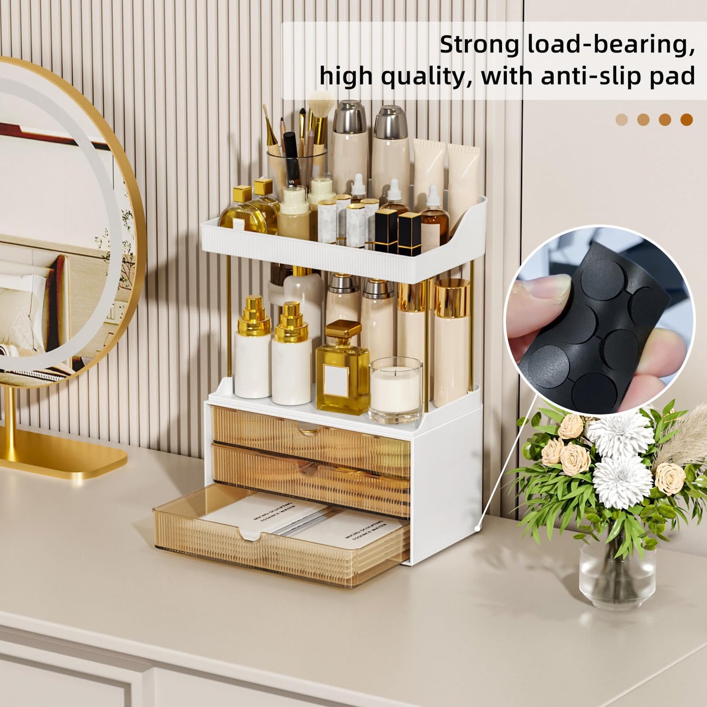 StorBin 2 Sets 6 Drawers Makeup Organizer – 5 Tier Bathroom Organizers and Storage, Versatile Perfume Vanity Organizer, Ideal for Cosmetic, Large Skincare, Face Mask, Office Supplies, Amber