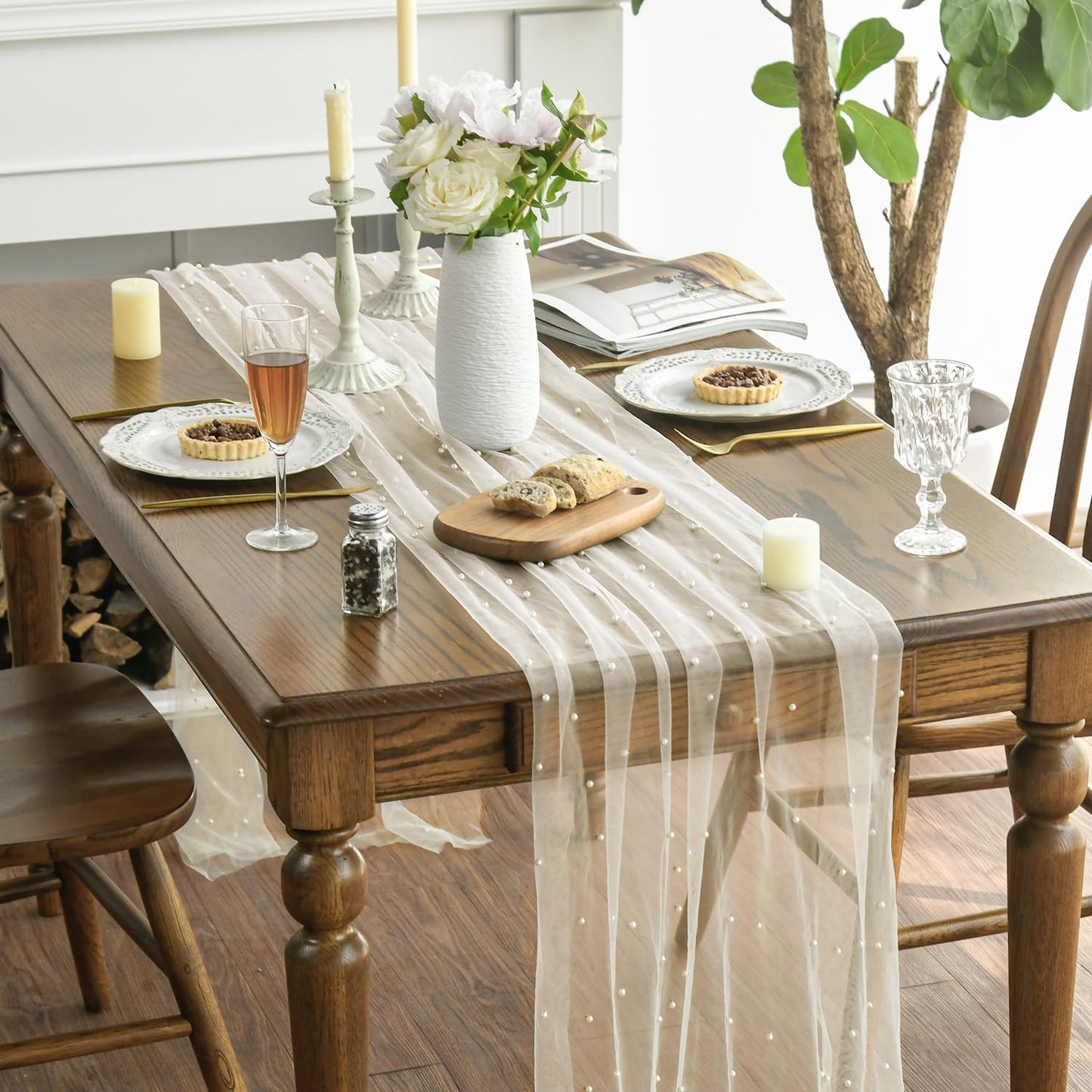 Artoid Mode 6PCS Pearl Beige Gauze Table Runner 120 Inch 10FT, Seasonal Sheer Dining Holiday Wedding Birthday Baby Shower Table Decor for Home Party