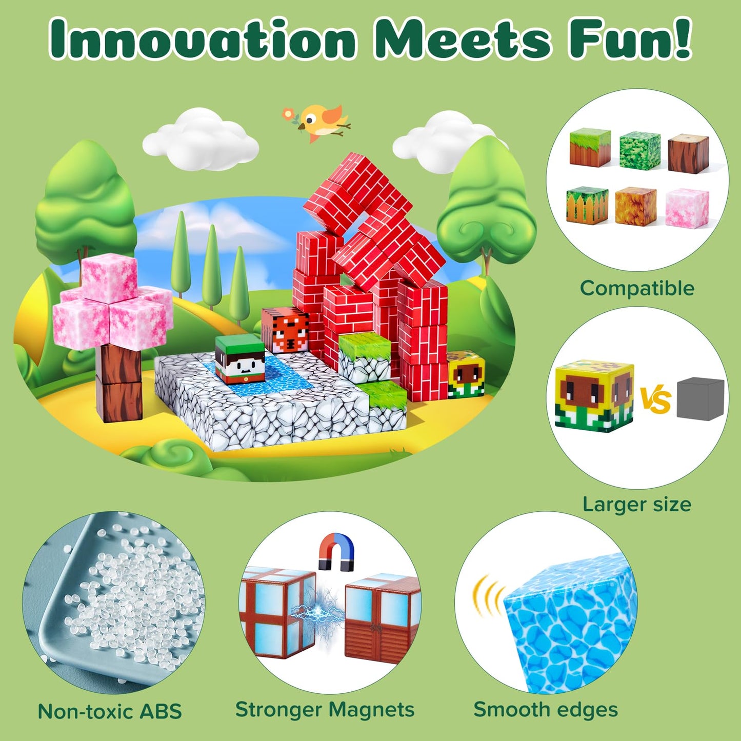 Magnetic Blocks, 100 PCS Magnetic Building Blocks, Forest Theme 1-Inch STEM Constructions Magnet Blocks for Boys Girls Ages 3+, Educational Sensory Stacking Toys for Kids Christmas Birthday Gifts