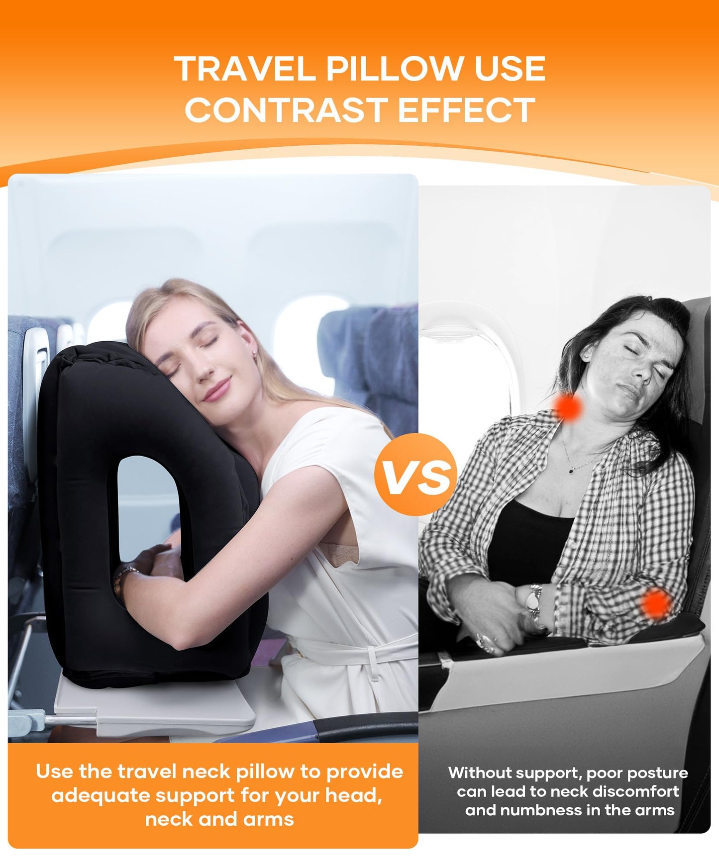 Sunany Travel Pillow, Upgraded Plane Pillow for Long Flights, Inflatable Neck Pillow Used for Airplanes,Cars,Buses,Trains,Office Napping with Eye Mask,Earplugs (Black)