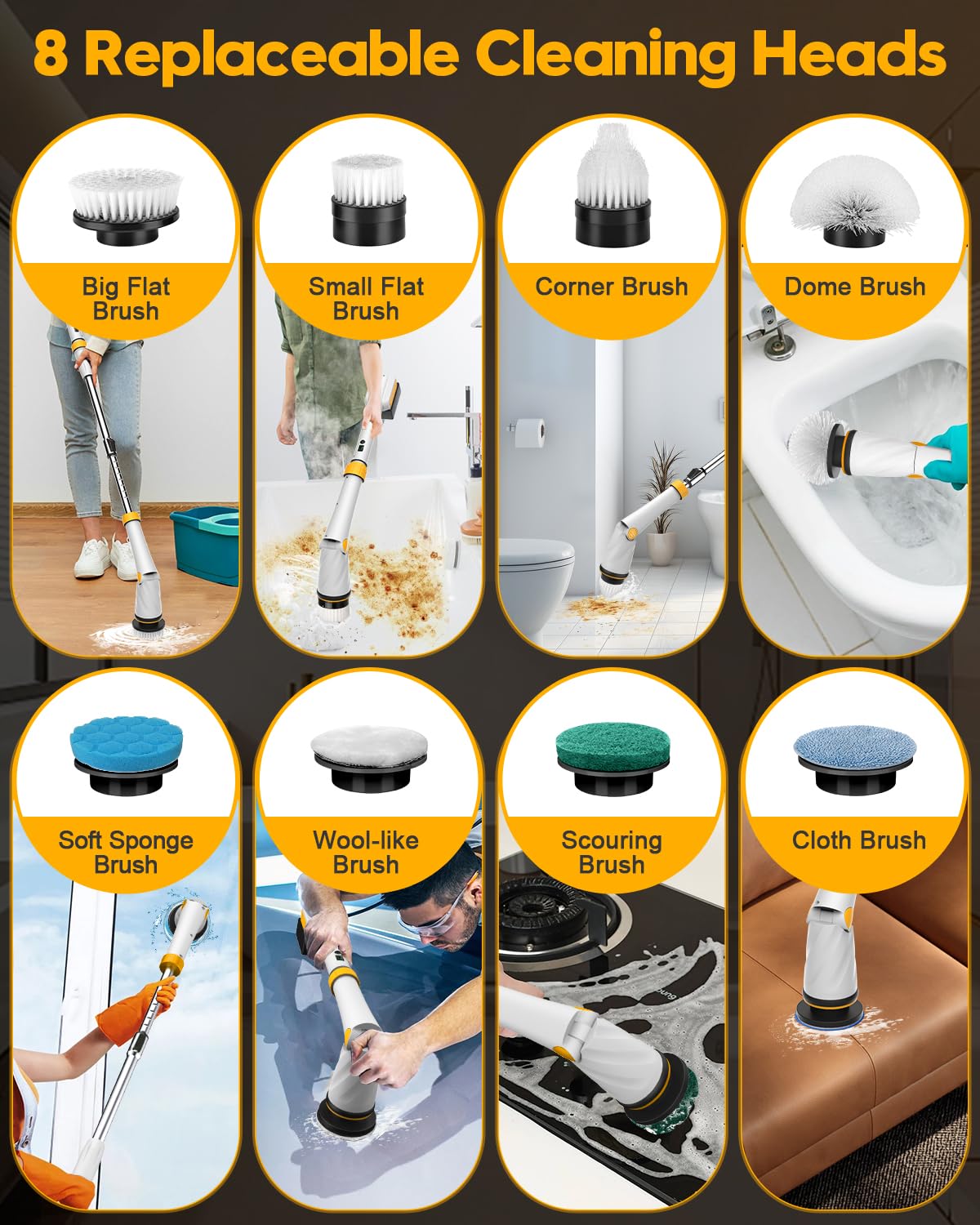 1200 RPM Powerful Electric Spin Scrubber with 8 Cleaning Brush, 2 Battery Cordless Shower Scrubber with 3 Speeds Display & 50inch Retractable Handle, IPX7 Waterproof Power Scrubbers for Deep Cleaning