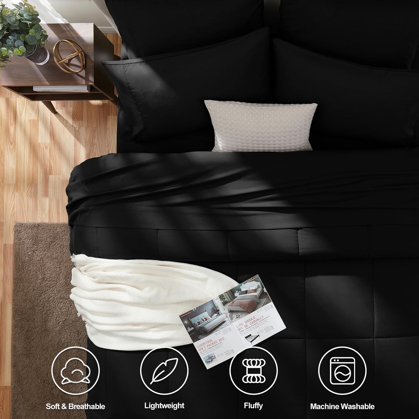 CozyLux Full Size Comforter Sets Black, 7 Pieces Bed in a Bag, Black Comforter Full Size, All Season Bedding Sets with Stitch Quilted Comforter, Flat Sheet, Fitted Sheet, Pillowcases