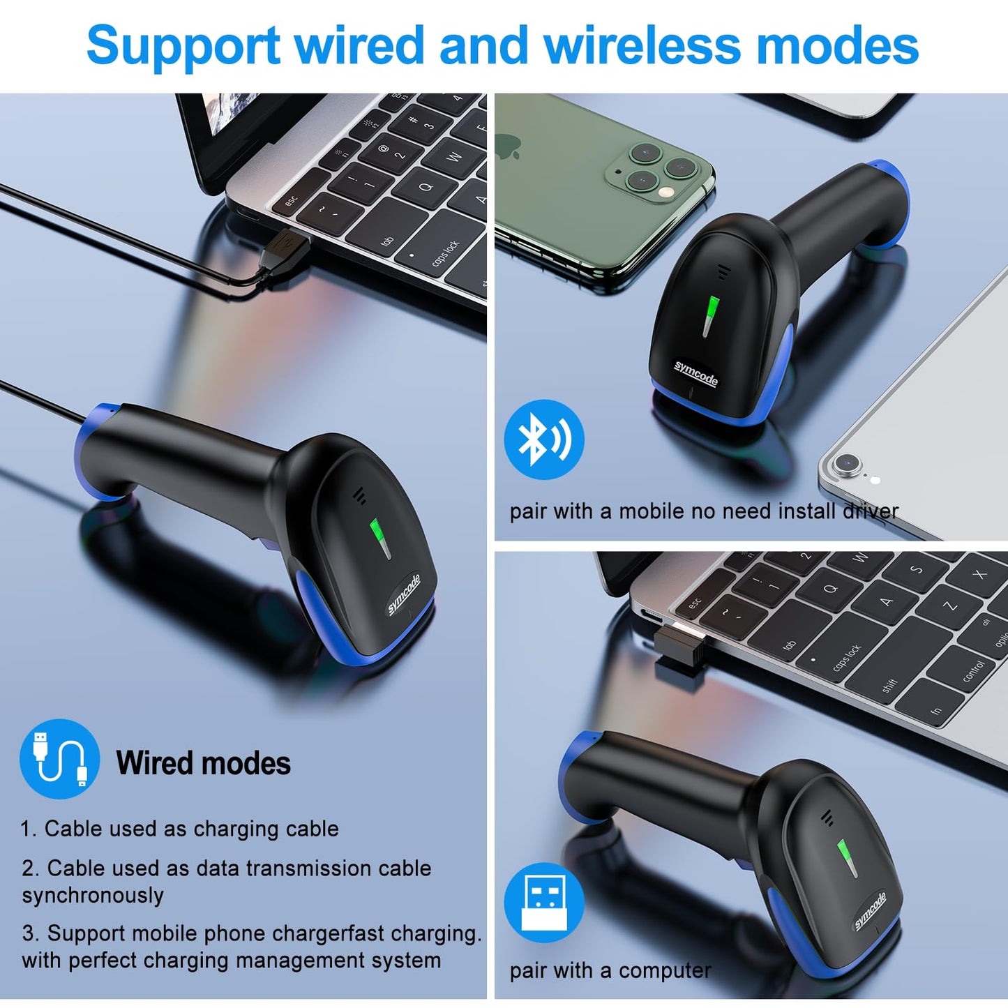 Symcode Wireless Bluetooth Barcode Scanner,3-in-1 Bluetooth & USB Wired & 2.4G Wireless Barcode Reader Scanner 2D 1D QR Code Automatic Fast Precise Bar Code Scanner for Phone Laptop Tablet