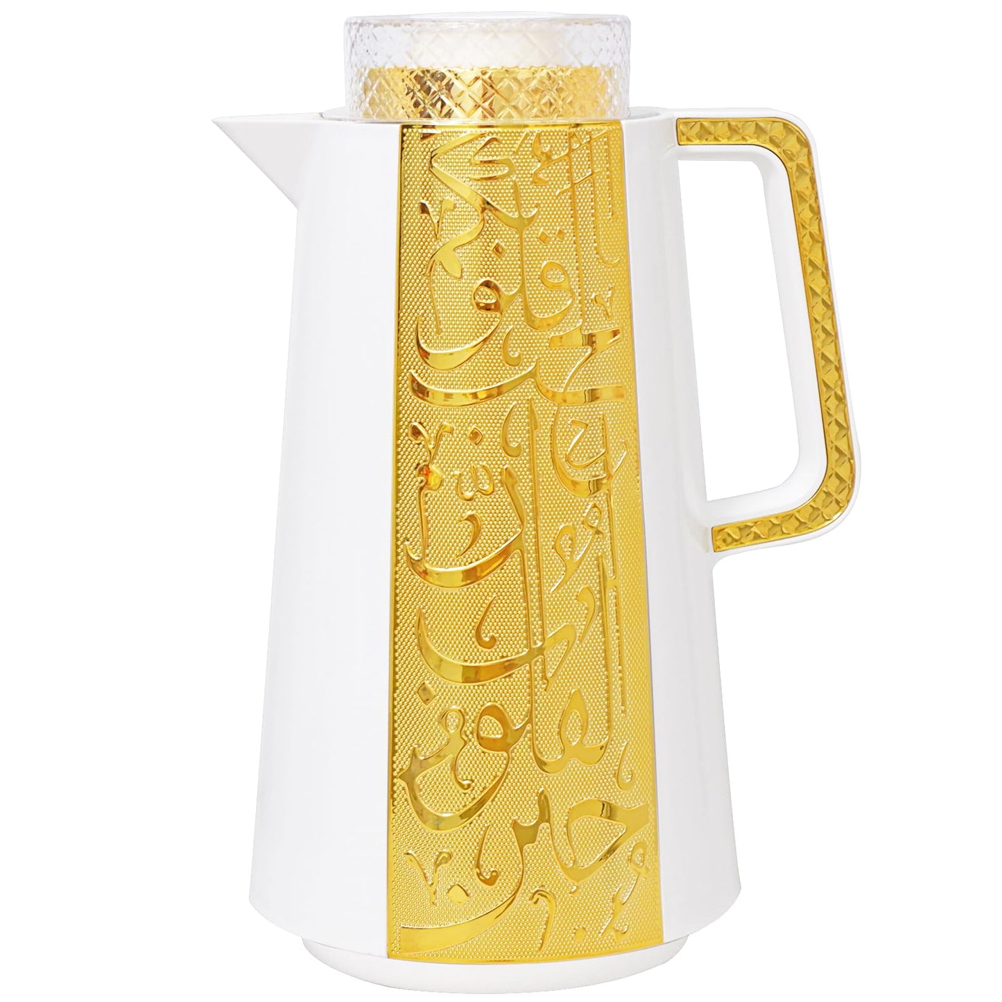 Arabic and Turkish Style Insulated Coffee Carafe,33 oz,Vacuum Thermal Bottle Flask Teapot,Keeping Hot/Cold,Tea, Water, and Coffee Dispenser,Push Button Lid,Housewarming Ornaments (White and Gold)