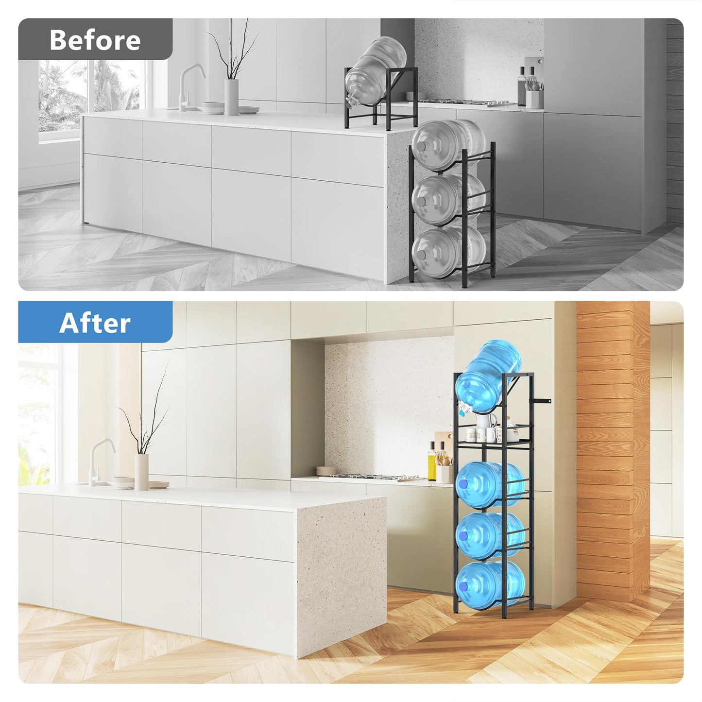 Eocnrhe 2-In-1 5 Gallon Water Jug Holder, 5 Tier Water Jug Stand Holder with 1 Dispenser Valves, 5 Gal Water Bottle Storage Rack Organizer for Kitchen, Office, Garage