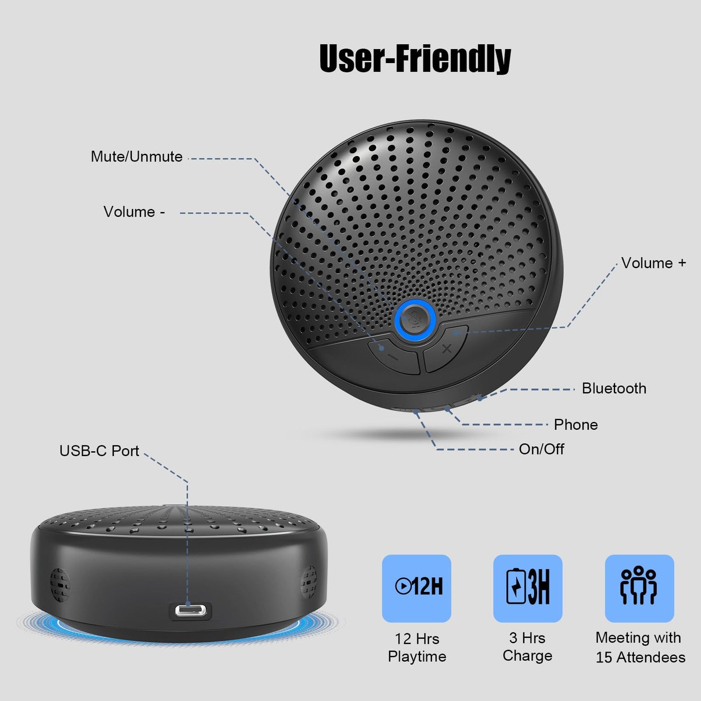 BALILA CM900 Conference Speaker and Microphone, 4 AI Mics 360° 20ft (7m) Voice Pickup, Noise Reduction, USB C & Bluetooth 5.3 (20m & 66ft) Speakerphone for 16 People, Compatible with Leading Platforms