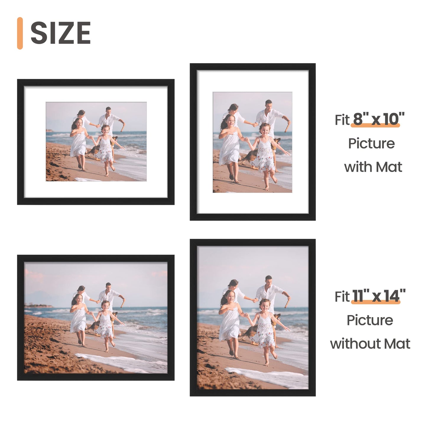 upsimples 11x14 Picture Frame Set of 10, Display Pictures 8x10 with Mat or 11x14 Without, Multi Photo Frames Collage for Wall Display, Black