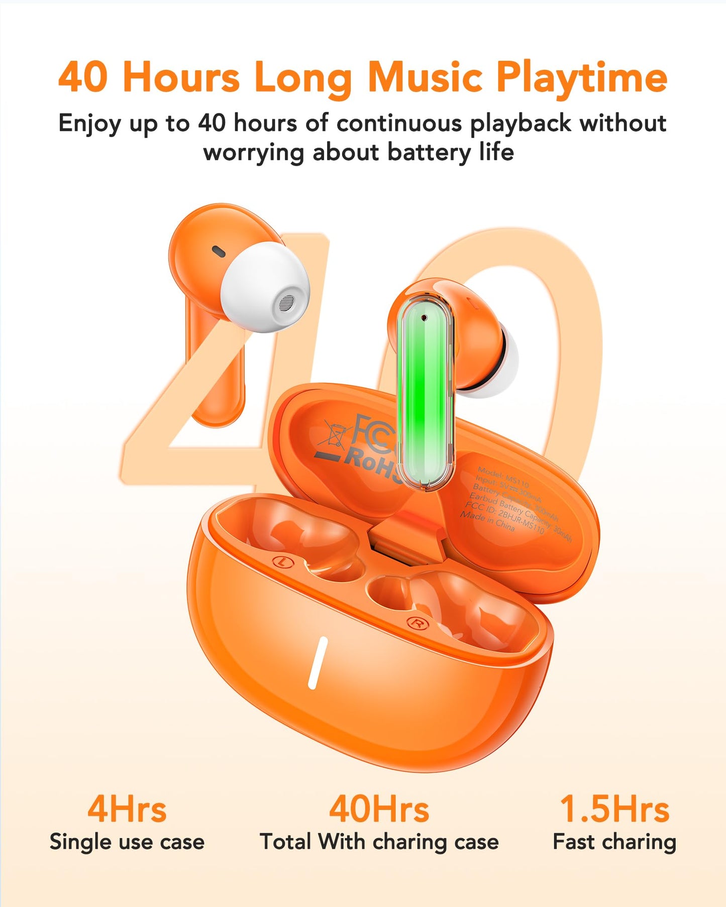 BNARQP MS110 AI Real-Time Translation Earbuds, Wireless Bluetooth Earbuds with 40H Playtime, Active Noise Cancelling, IPX5 Waterproof, for Travel, Meetings, Learning & Sports