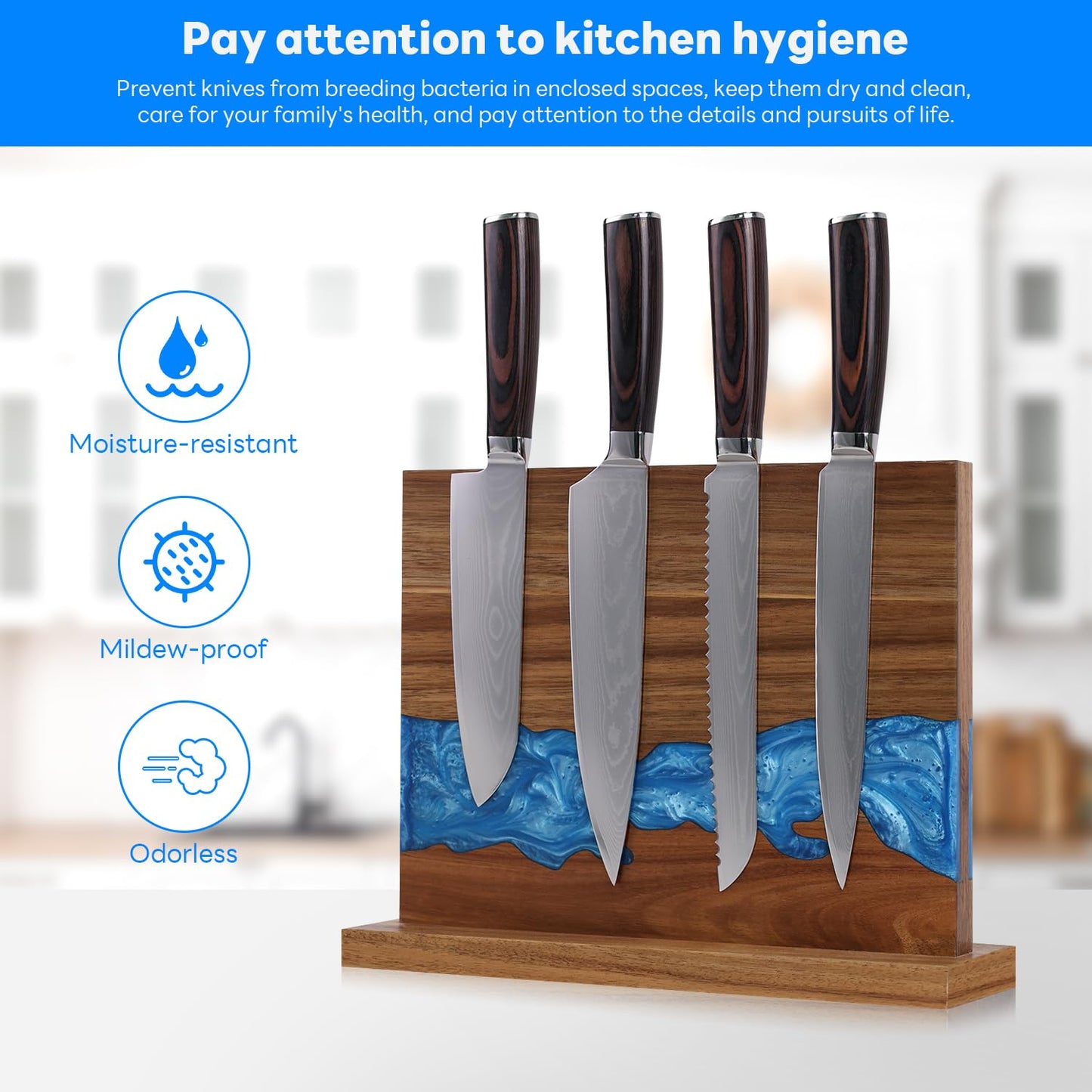 Ayiusideza Magnetic Knife Block | Double Sided Magnetic Knife Holder | Acacia Wood Magnetic Knife Rack | Magnetic Knife Storage Stand for Kitchen Counter, Blue Resin River, 12.59×9.84IN (No Knife)