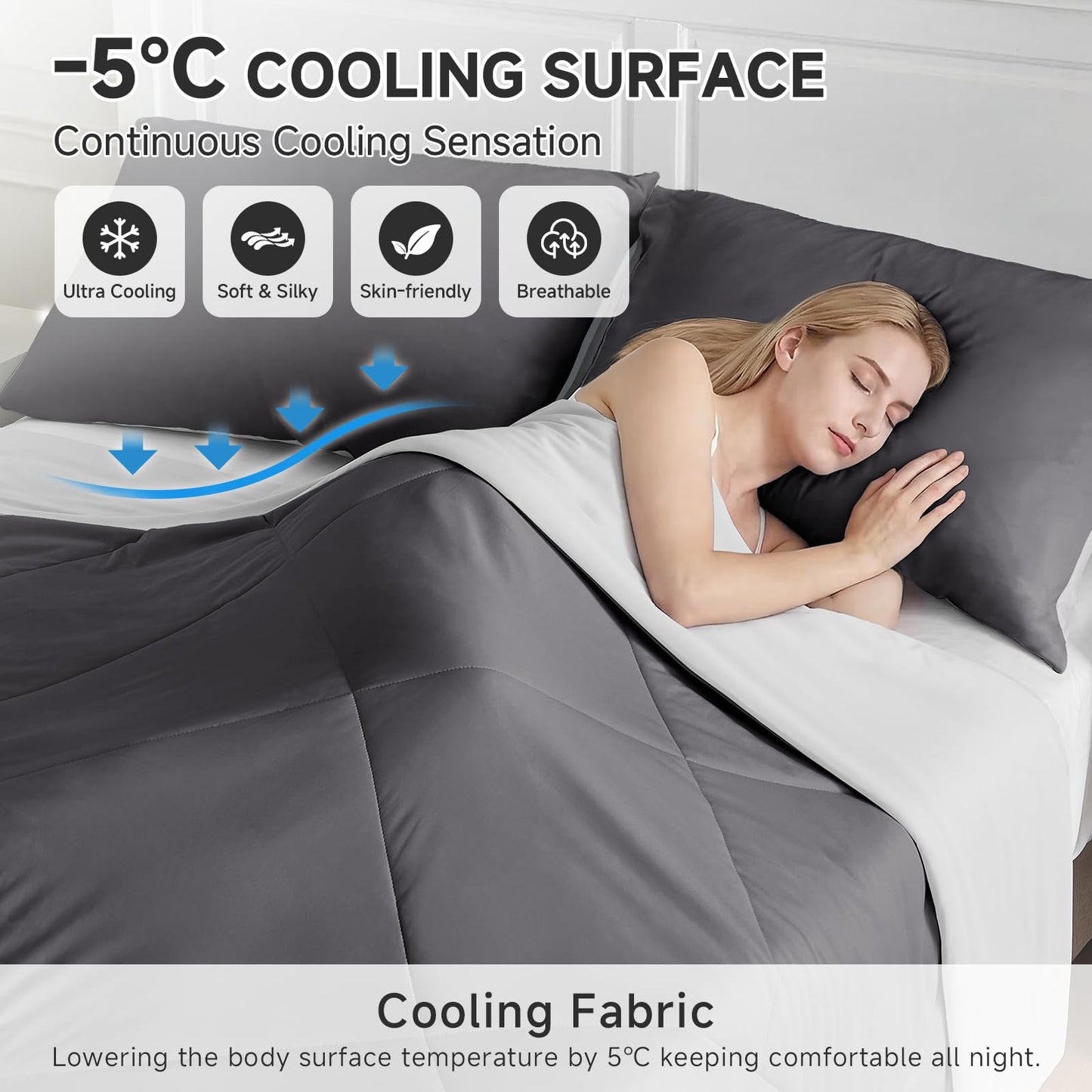 HOMFINE Cooling Comforter Japanese Double-Sided Cold Tech Fabric Cooling Blanket for Night Sweats Hot Sleepers, Q-Max 0.45 Soft Breathable Silky Smooth Lightweight Grey Summer Comforter Queen