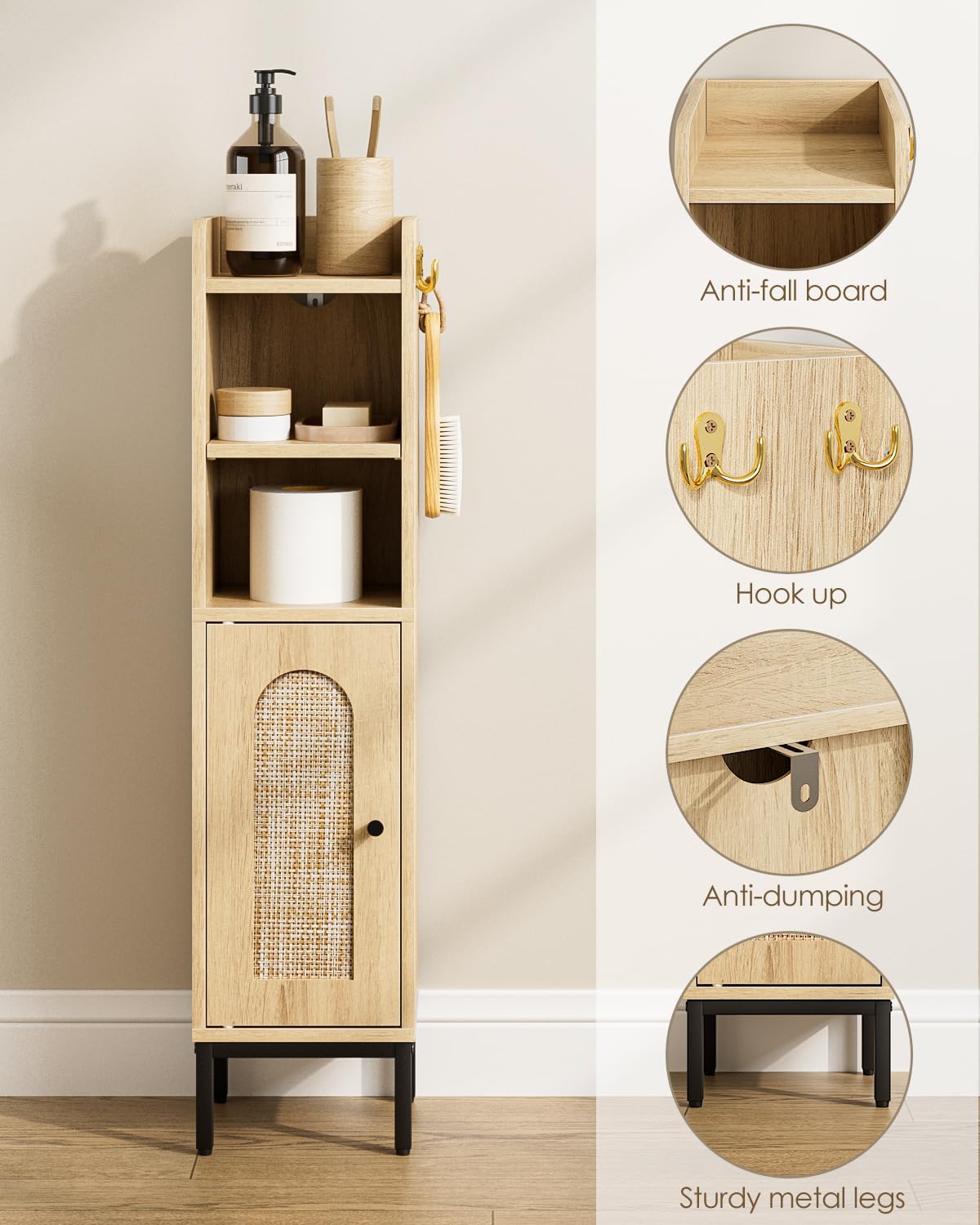 AEPOALUA Bathroom Storage Cabinet, Small Corner Floor Hutch with 2Hooks,Narrow Toilet Paper Cabinet with Rattan Door,Bathroom Organizer with Adjustable Shelf, for Small Spaces,Oak