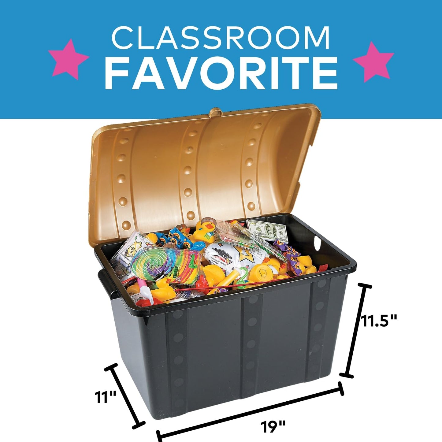 Fun Express Large Plastic Toy Treasure Chest - Premium Classroom Storage Prize Box for Teachers | Pirate-Themed Reward Container with Secure Lid | Black & Gold Design | 19" x 11.5" x 11" Capacity