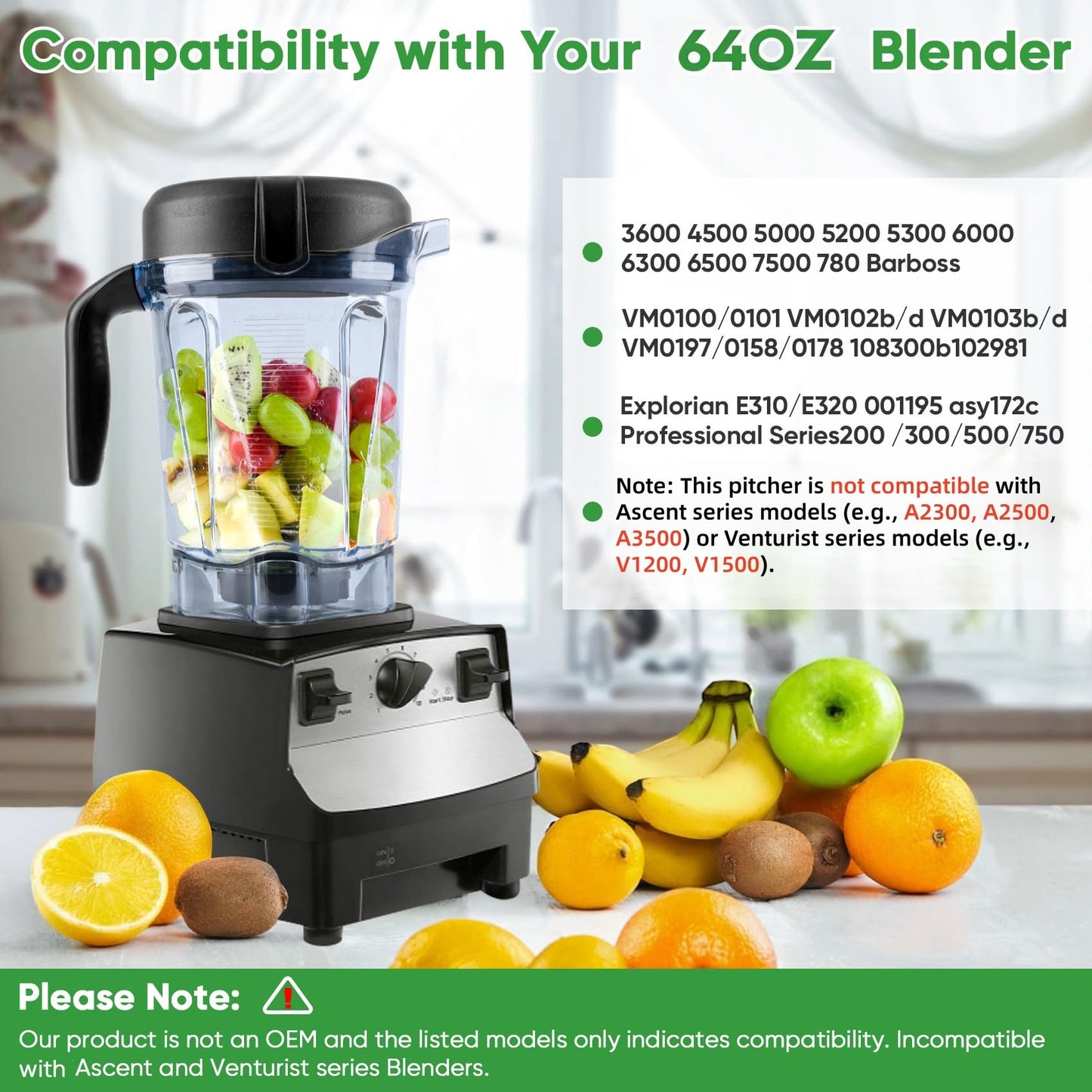 Blender Pitcher 64oz Low-Profile, Replacement Pitcher Container Jar Cup Compatible with 750, 5200, 5000, 6300, 7500, 7800, Vm0102, Vm0103, Vm0197, E310 Classic/Explorian/Commercial Series