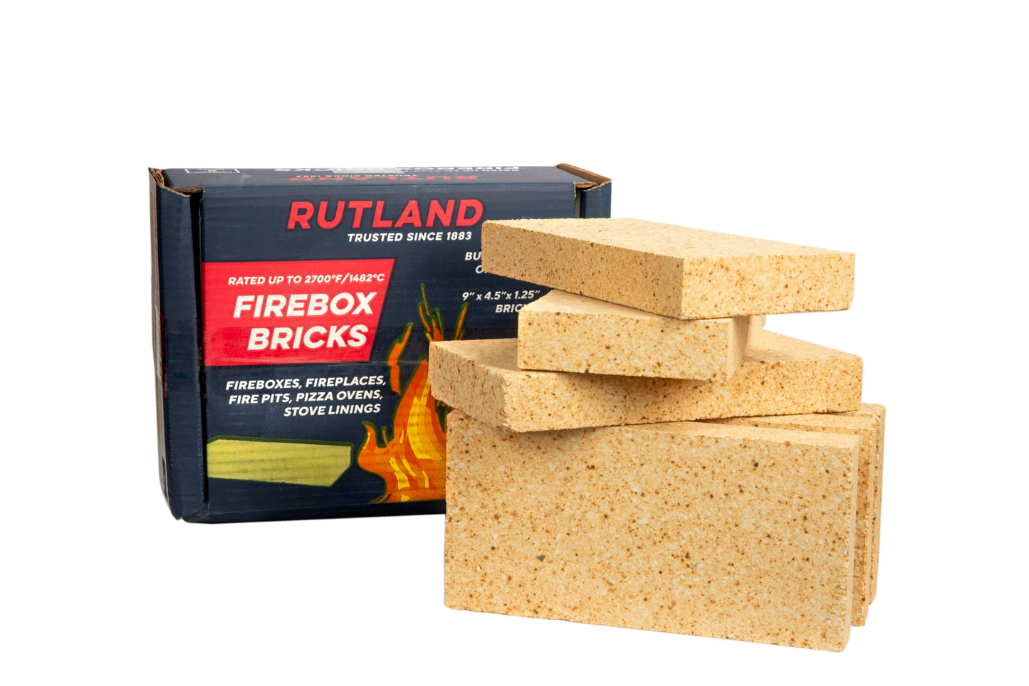 Rutland Fire Bricks, Properly Cured High Temperature FireBrick, USA-Made Residential Fire Clay Replacement for Wood Stove, Fireplace, & Pizza Oven, Size 9" x 4.5" x 1.25", 6-Pack, Tan