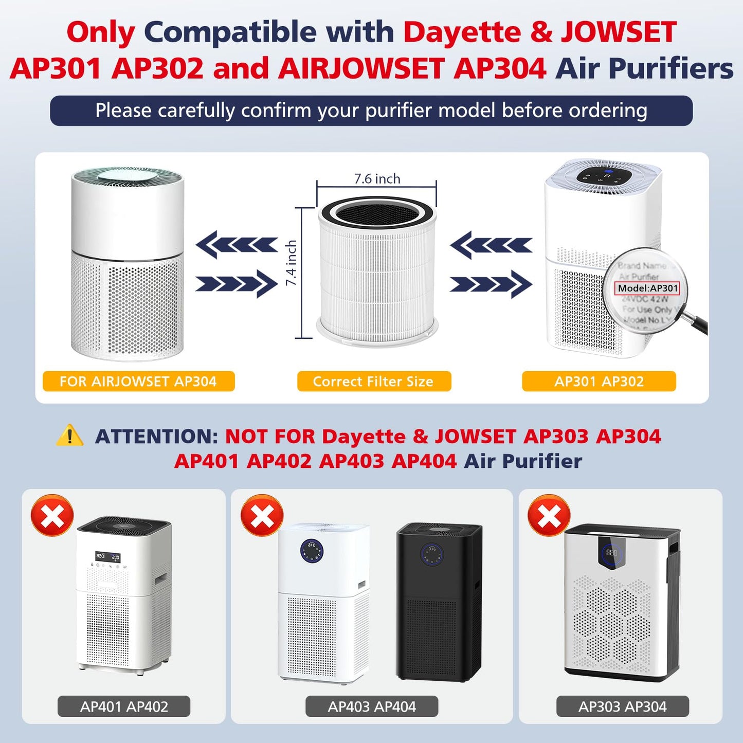2 Pack AP301 Replacement Filter, Only Compatible with Dayette AP301 AP302 Air Purifier, Efficient Air Filter, NOT FOR AP303 AP304 AP401 AP402 AP403 AP404 Air Purifiers