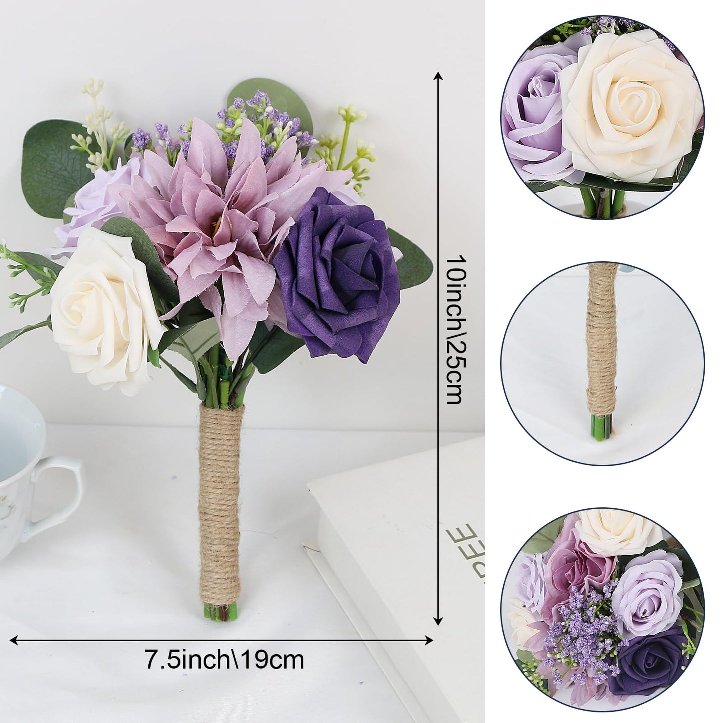 Artificial Bridesmaid Bouquets 6 Pcs - 7 Inch Pre-made Bridesmaids Bouquet Small Silk Rose Handmade for Wedding Holding Flowers, Bridal Shower Wedding Centerpieces Ceremony and Anniversary- Lilac