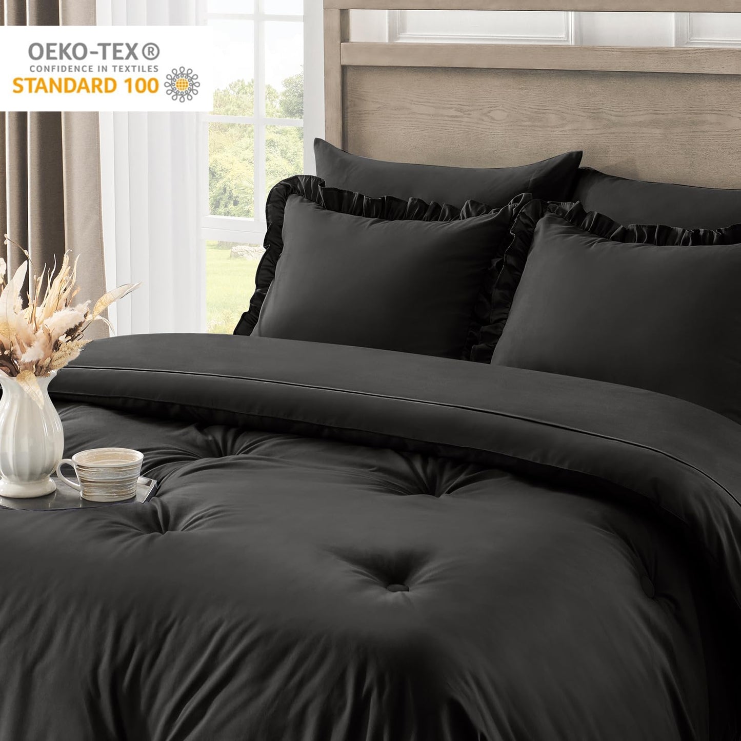 QUIETSEA King Size Bed in a Bag 7 Pieces King Size Comforter Set, Ruffle Shabby Chic Bedding Comforter Set Black Bed Set with Comforter, Pillowcases, Flat Sheet, Fitted Sheet and Pillow Shams