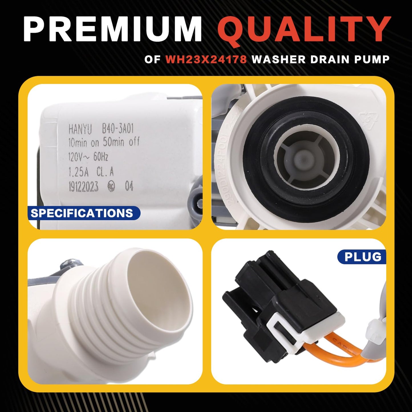 290D1201G001 WH23X24178 Washer Drain Pump, Fit for GE Models GTW460ASJ8WW GTW460ASJ4WW GTW460ASJ6WW GTW330ASK1WW GTW335ASN2WW GTW220ACK4WW GTW680BSJ5WS, Replaces B40-3A01, WH23X28418, WH23X27574