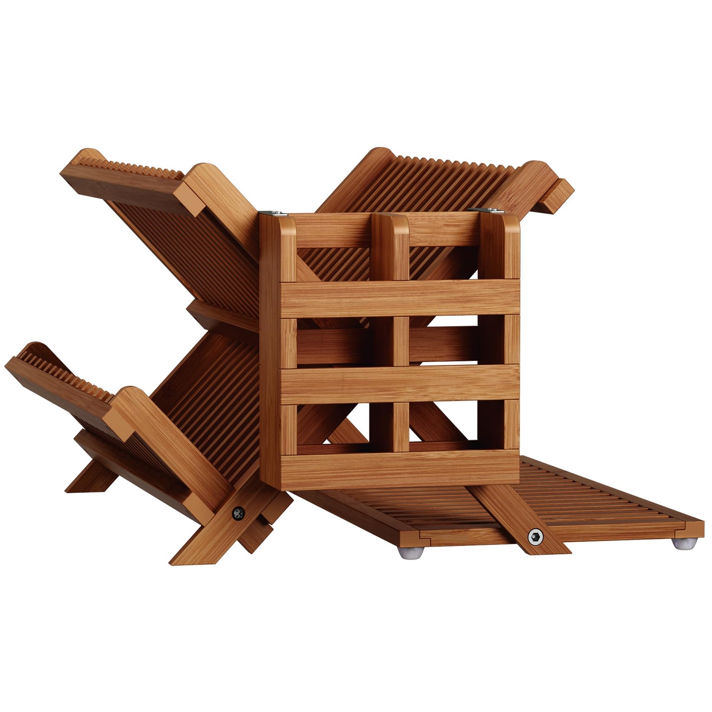 Greenual Teak Dish Drying Rack with Utensil Holder, 3 Tier Collapsible Dish Rack, Wooden Dish Racks for Kitchen Counter, Large Folding Drying Holder with Absorbent Dish Drying Mat