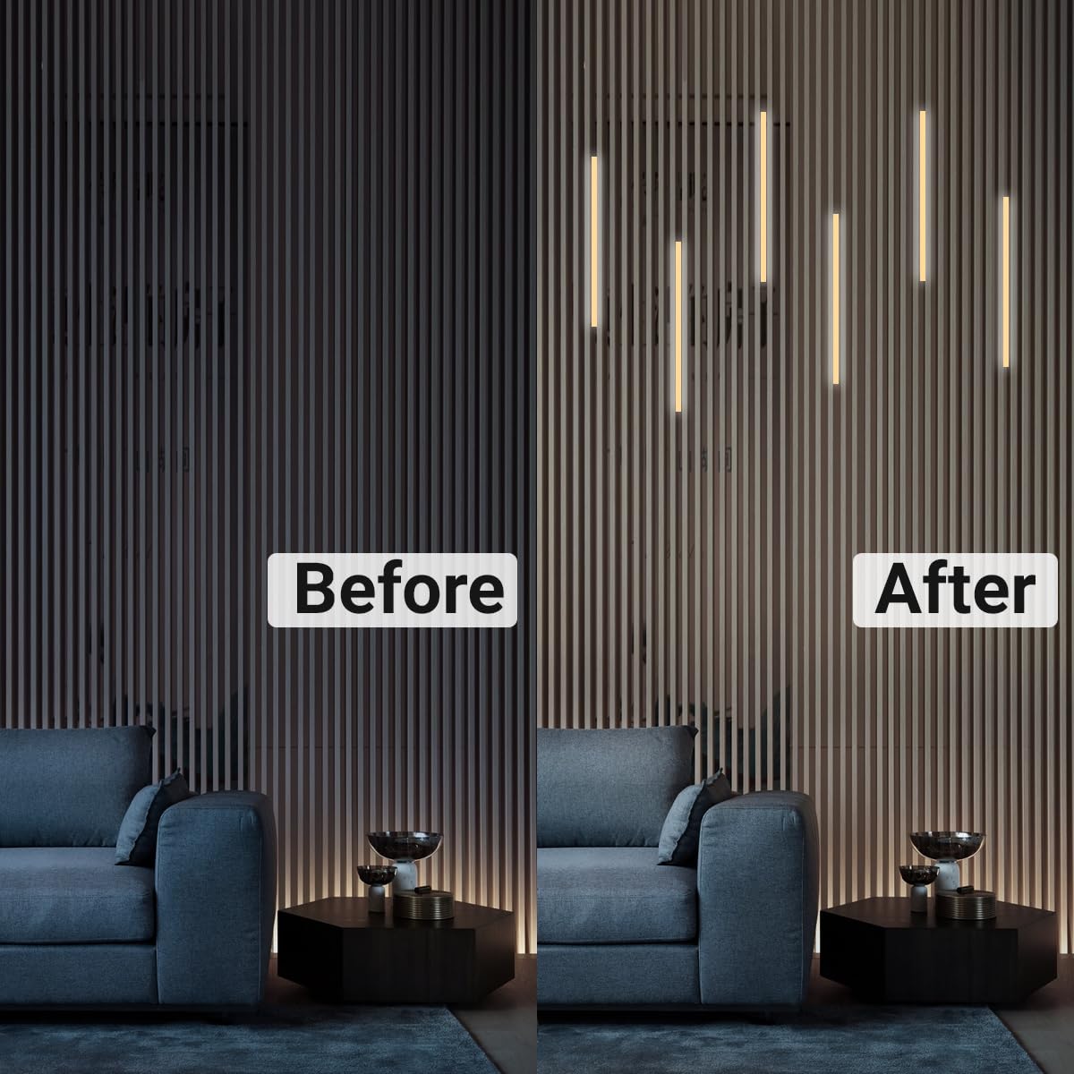 HAMRVL Black LED Recessed Lighting Kit - 6 PCS 16-Inch 3000k Dimmable Warm White LED Lights with Touch Switch, Wall Panel Light for Wood Slat Wall Panels, Headboards, Stairs, Under Cabinet, Home Decor