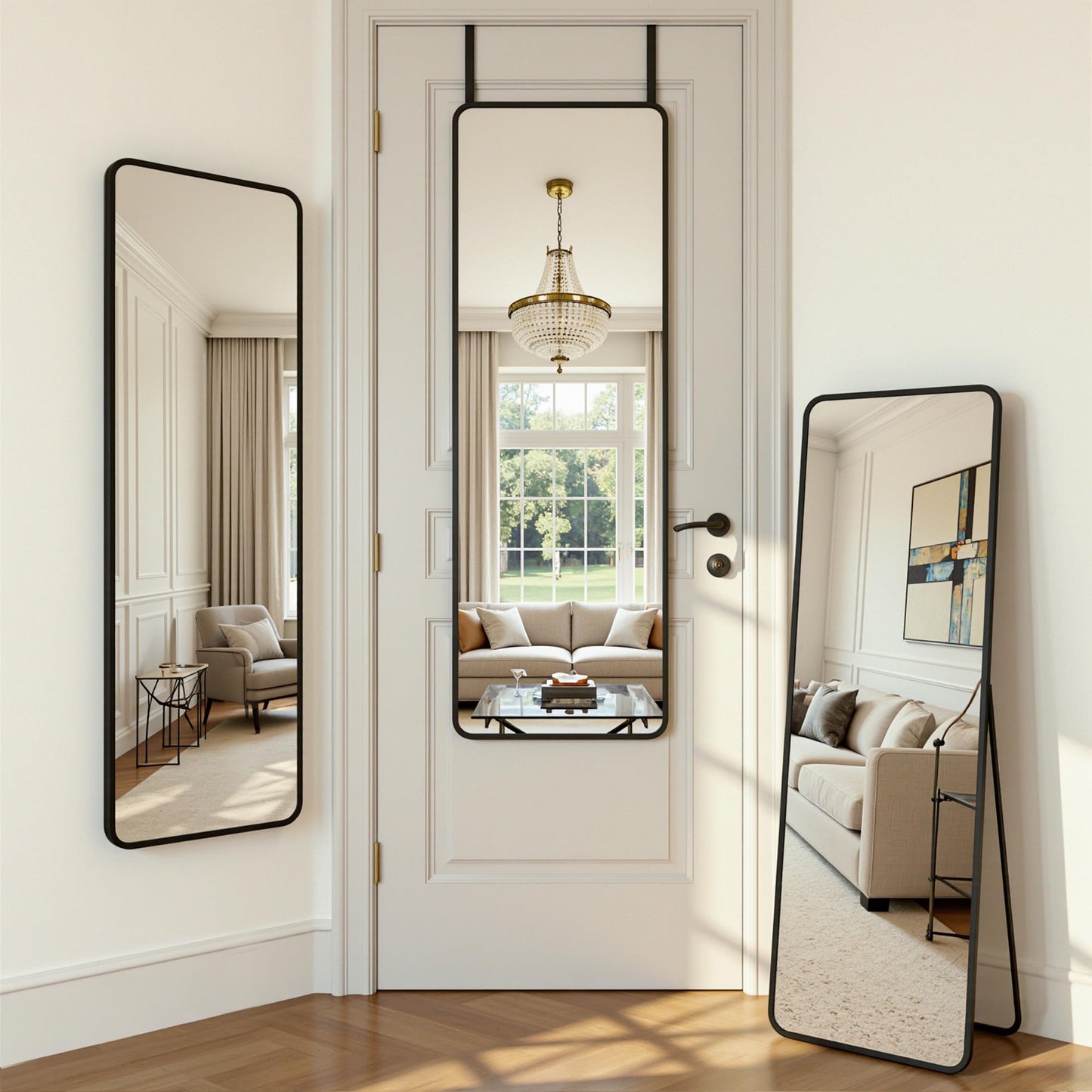 Antok 48''x 14'' Full Length Mirror Over Door, 4-in-1 Standing Leaning Wall Mounted, Adjustable Hanging Mirror for Bedroom Living Room, Black, Rounded Corner