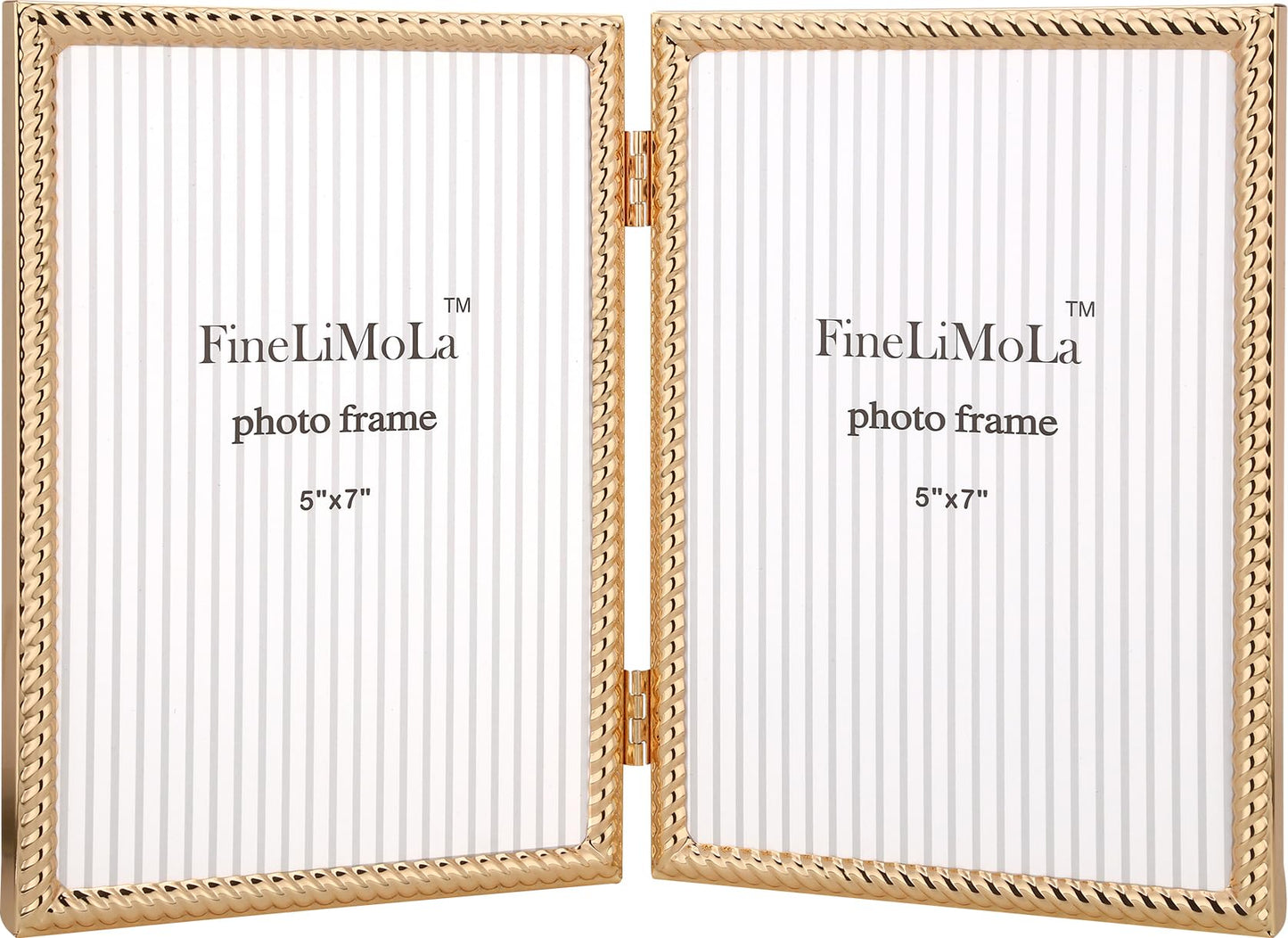 FineLiMoLa 5x7''Double Frames Gold Rope Design Metal Photo Frame with black Velvet Backing and Real Glass Front,5x7'' Hinged Double Picture Frame for Tabletop and Shelf Display