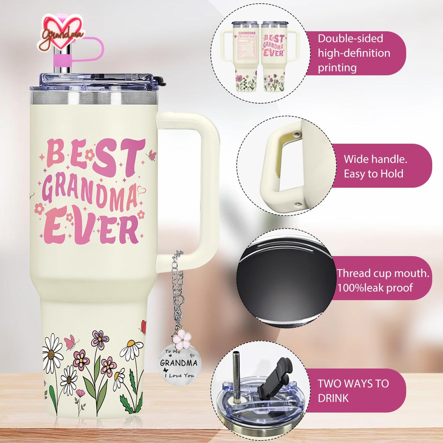 AiHeart Grandma Gifts,Gift for Grandmother,Birthday Gift for Grandmother,Mother's Day Gifts for Granny,40oz Double wall vacuum insulation Tumbler with Handle,Best Grandma Ever Tumbler