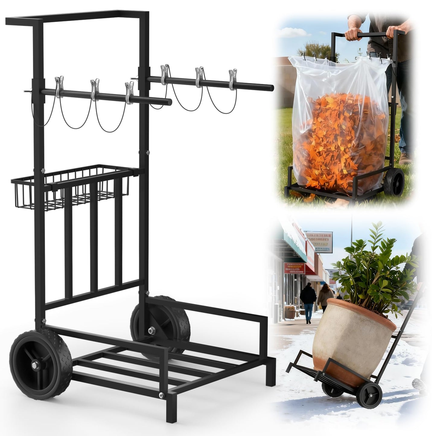 2-in-1 Leaf Bag Holder Cart & Hand Truck Dolly, Heavy Duty Garden Trash Bag Stand with 7" All-Terrain Wheels, 200lbs Capacity, Anti-Loss Clips & Utility Basket for Yard Work, Moving, Camping