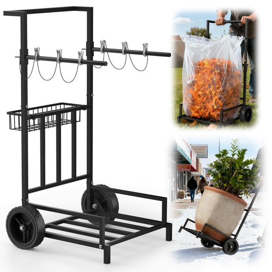 2-in-1 Leaf Bag Holder Cart & Hand Truck Dolly, Heavy Duty Garden Trash Bag Stand with 7" All-Terrain Wheels, 200lbs Capacity, Anti-Loss Clips & Utility Basket for Yard Work, Moving, Camping