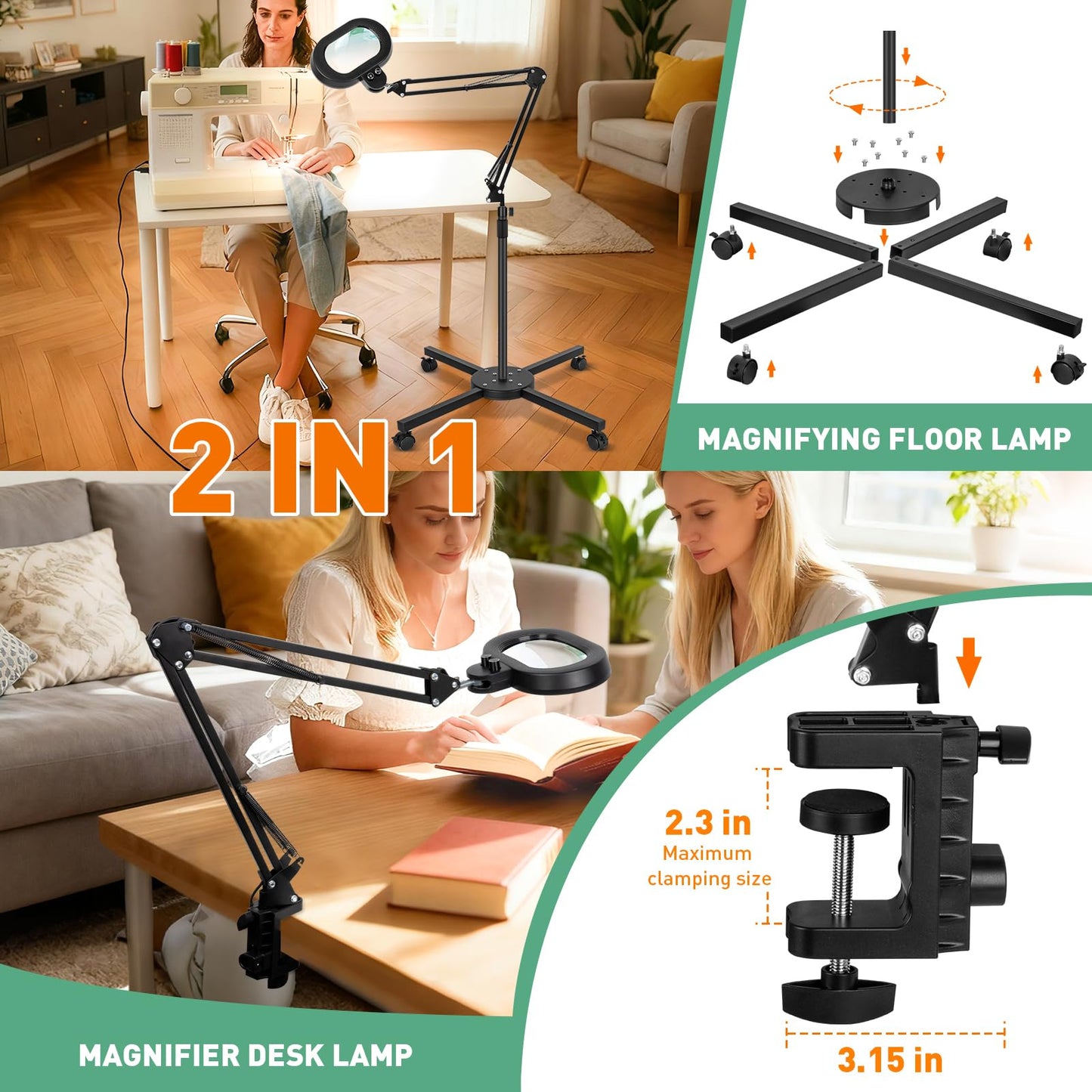 KMDES 12X Magnifying Floor Lamp, 2 in 1 Lighted Magnifier Glass with Light for Workbench, Craft, Sewing, Esthetician, Reading, 3 Axis Rotation Infinite Color Dimmable, 4 Wheel Stable Stand Base Black