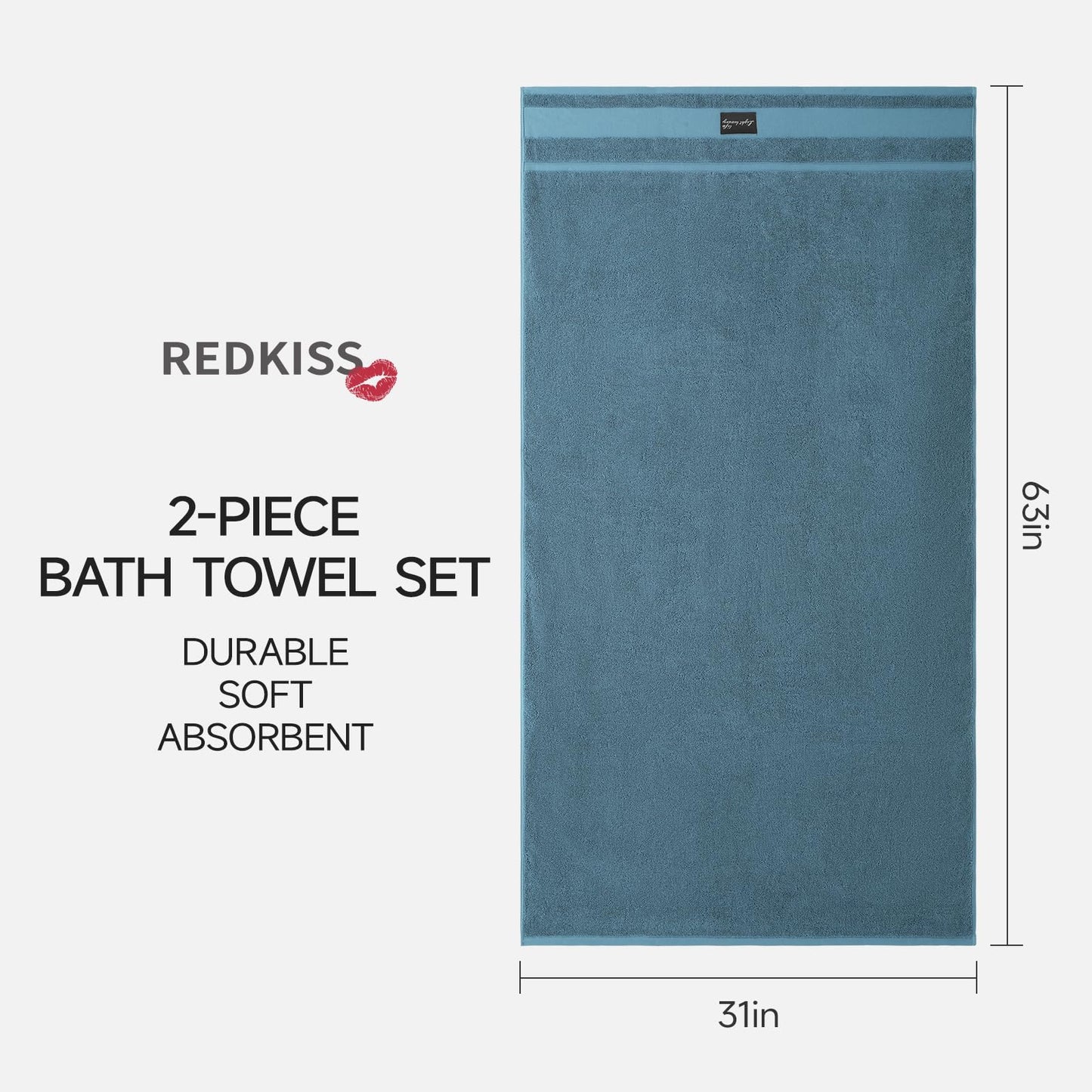 REDKISS Large Bath Towels Set 2 Piece, 100% Cotton, 31x63 in,Heavyweight 760G, Highly Absorbent & Quick Dry, Super Soft Luxury Shower Towels for Bathroom,Hotel Collection - Blue