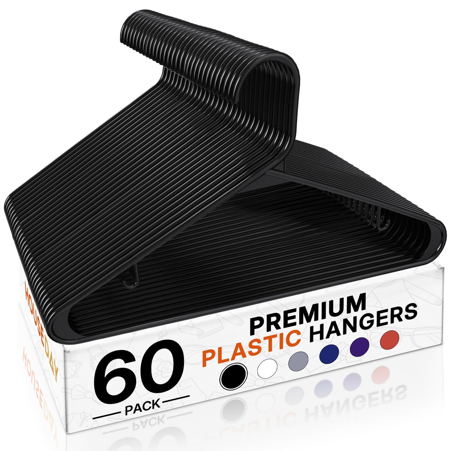 HOUSE DAY Black Plastic Hangers 60 Pack, Clothes Hangers with Non Slip Hooks, Durable & Space Saving Coat Hanger, Light-Weight Clothing Hanger, Perfect Closet Organizer for Everyday Use