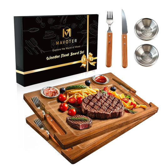 2 Set Acacia Wood Steak Plates Board with Knife Fork Ramekins,Knife-Friendly Food Serving Tray Deep Juice Groove Charcuterie Meat Cutting Boards for Dinner BBQ Party Restaurant & Housewarming Gifts