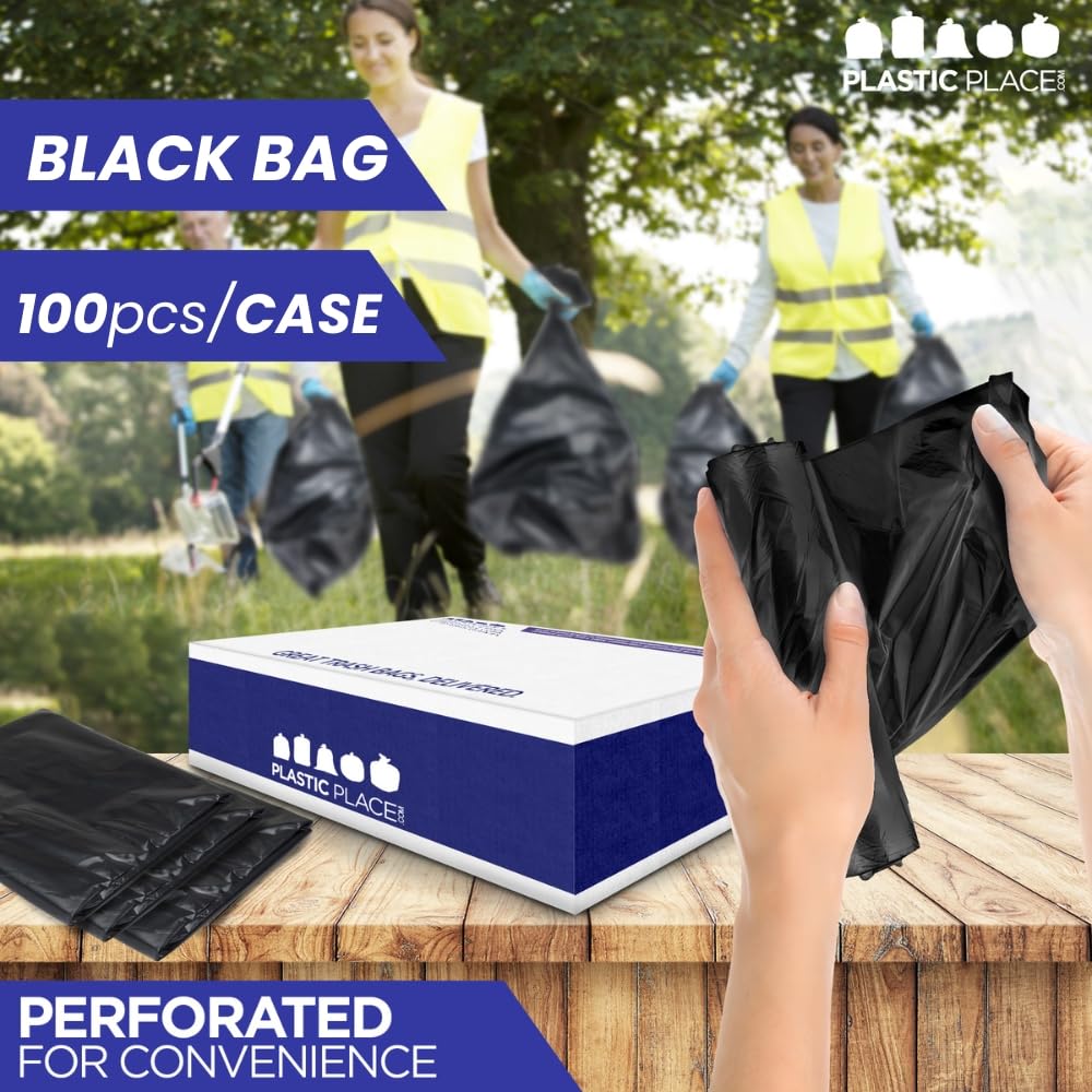 Plasticplace Heavy Duty Trash Bags, 40-45 Gallon, Black, Industrial Strength, Tear-Resistant, Leak-Proof, Large Garbage Bags for Yard, Construction, Lawn, 100 Count 1.5 Mil, 40"x46"