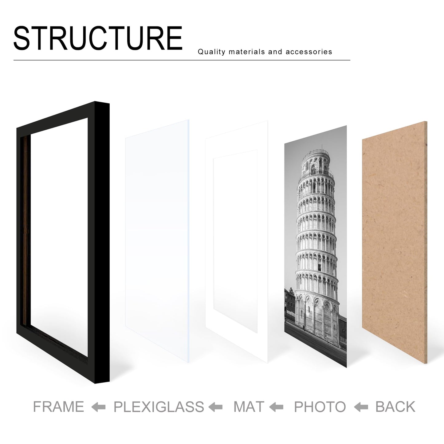 Wiscet 11x14 Picture Frame Set of 9, Display Pictures 8x10 with Mat or 11x14 without Mat, Photo Frame for Wall Mounting or Tabletop Display, Black.
