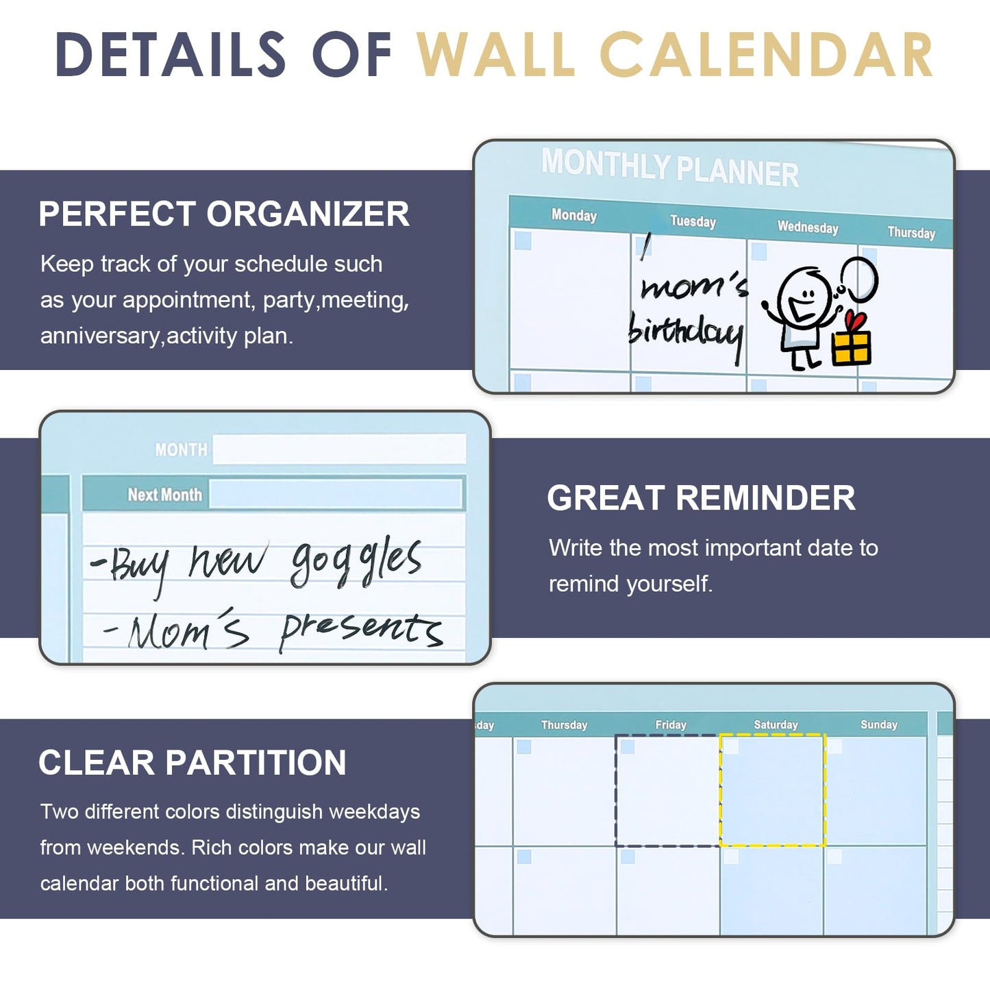 MAKELLO Dry Erase Calendar for Wall, Large White Board Calendar with Next Month for Office, Family, Kitchen and Bedroom, 36x24 inches
