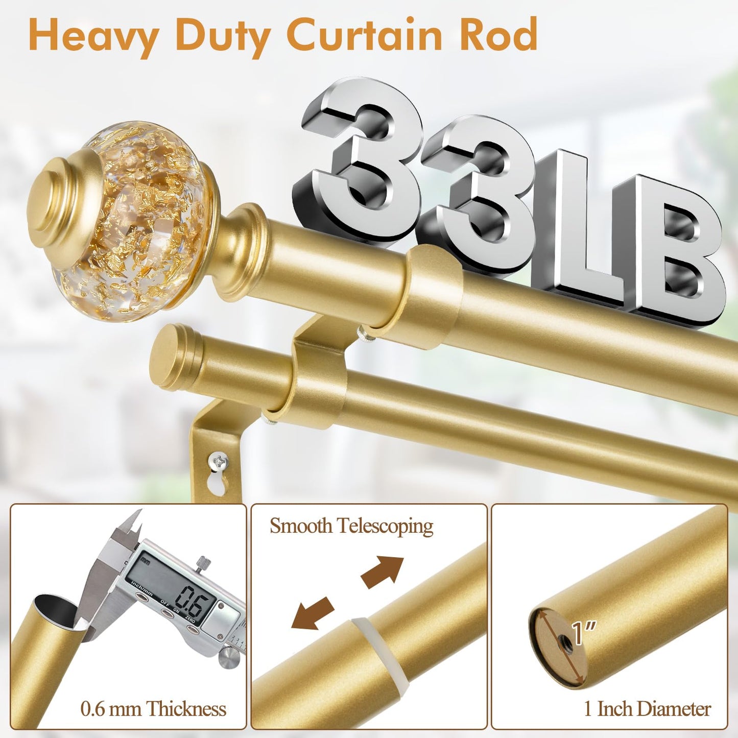 1 Inch Luxury Gold Double Curtain Rods for Windows 66 to 120 Inches(5.5-10ft), USFOOK Adjustable Heavy Duty Drapery Rods, Telescoping Dual Curtain Rod with Translucent Finials, Wall Mounted