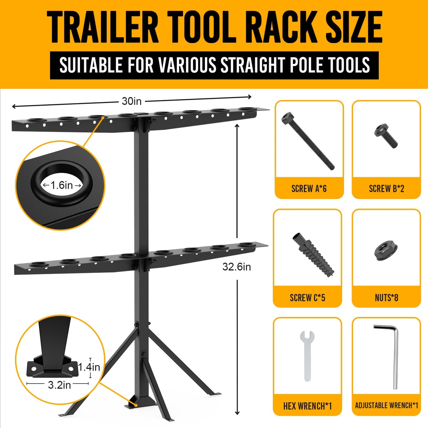 Fumingpal Utility Trailer Tool Rack, Shovel Rack for Truck, Rake Shovel Holder Landscape Hand Tool Accessories for Trailer Truck with 8 Rubber Holes with Brackets, Standard Black
