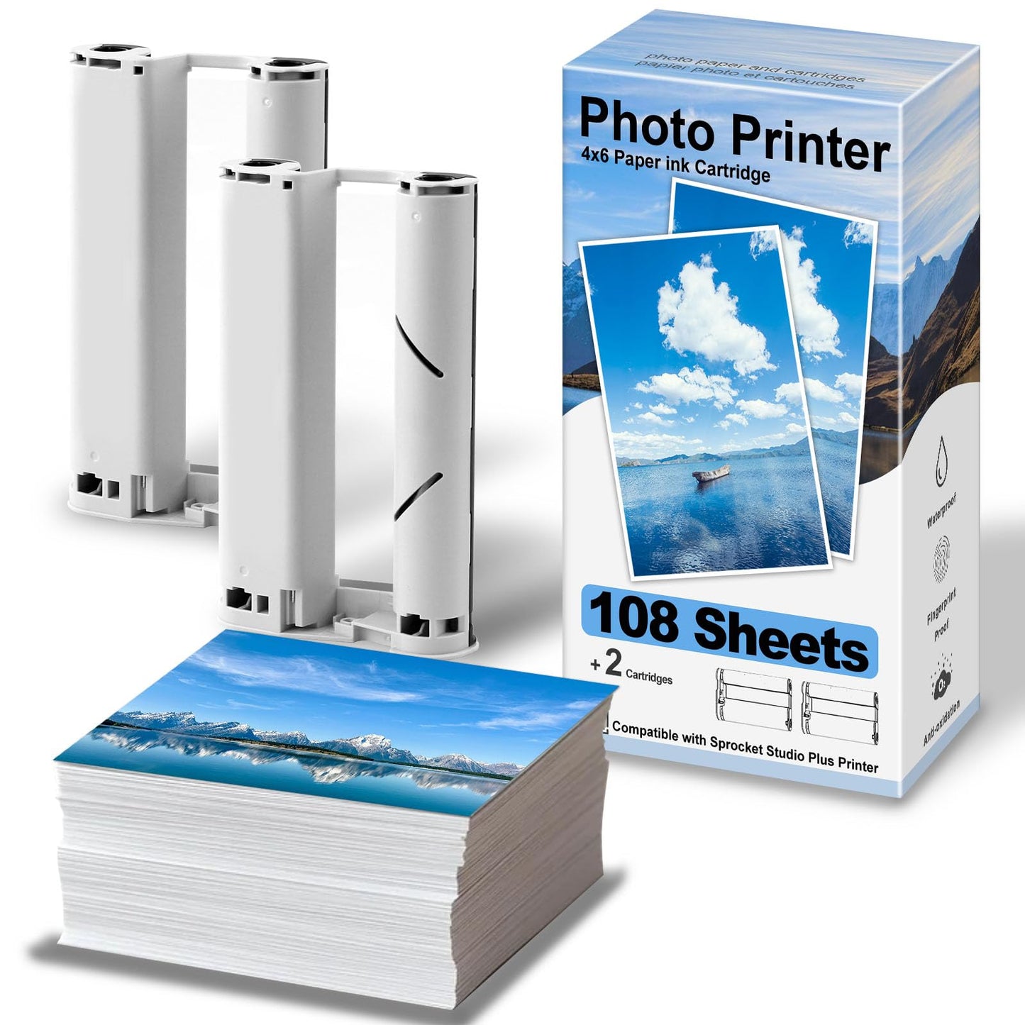 4" x 6" Photo Paper 108 Sheets and 2 Ribbons Cartridges Refill Pack – Compatible with Sprocket Studio Plus Printer for YP01 Photo Printer, Sticker Frames, Photo Album