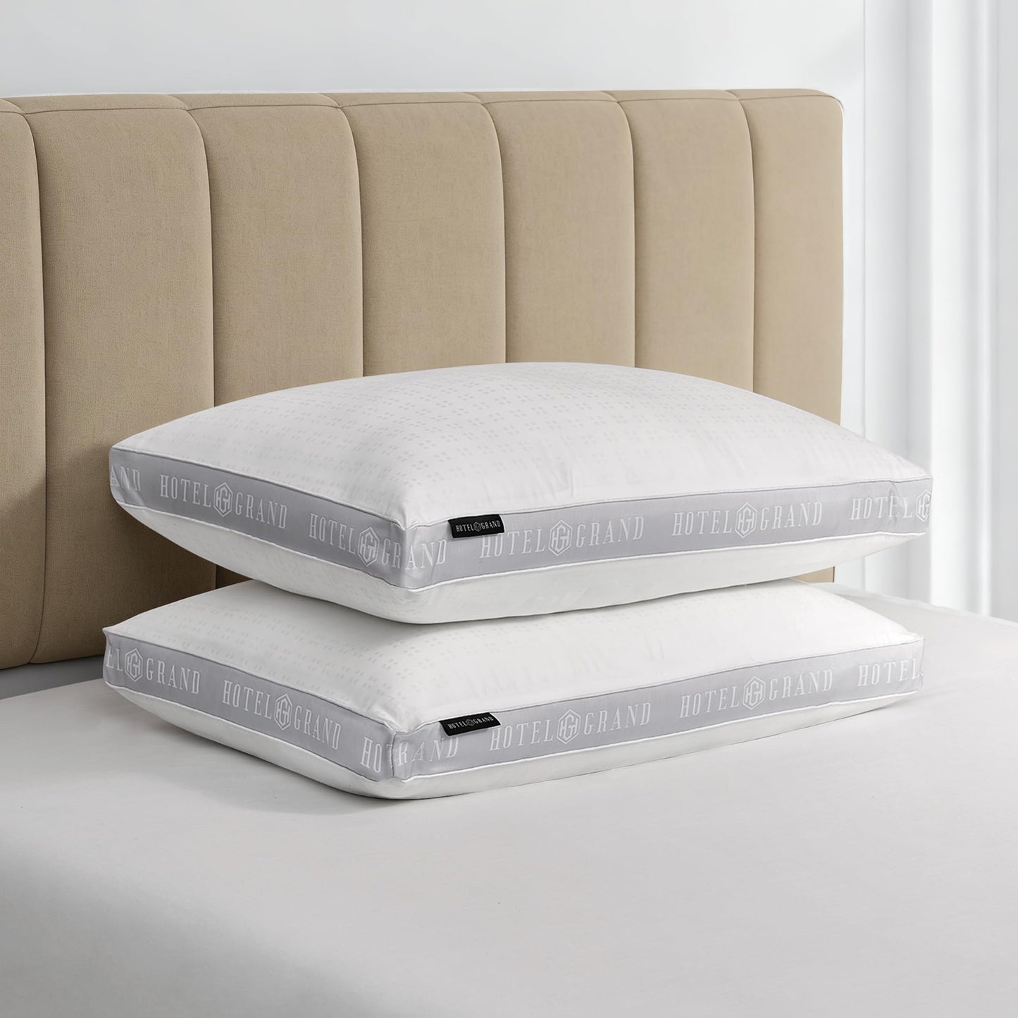 Hotel Grand Bed Pillows Queen Size Set of 2, 500 Thread Count Cotton Cover, Down Alternative Hotel Pillow for Side, Back, or Stomach Sleepers, Medium Firm Hypoallergenic 18”x26”