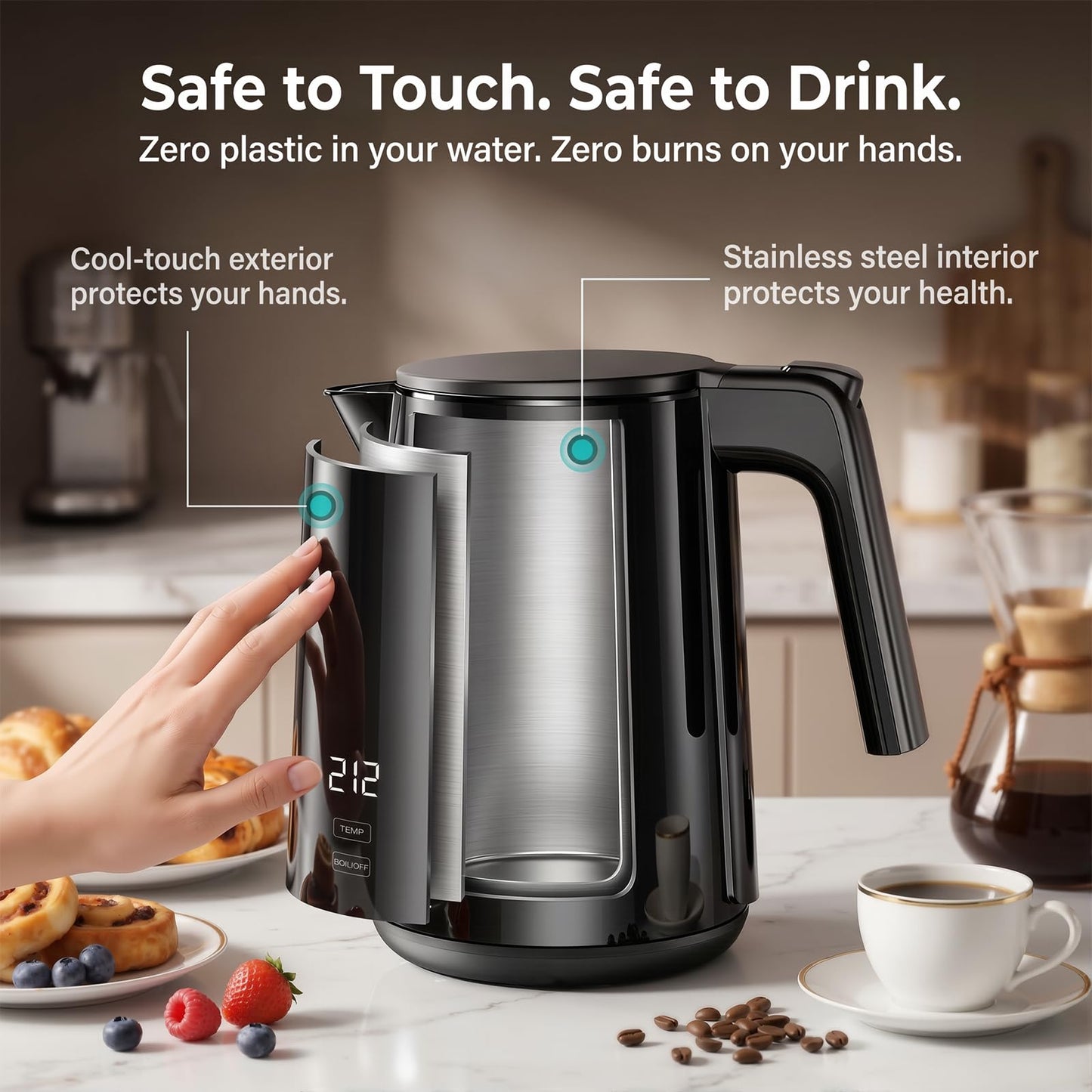 Electric Kettle with Digital Display & Temperature Control, 1.0L Stainless Steel Water Boiler, 1200W Fast Boiling, 4H Keep Warm, BPA-Free Auto Shut-Off, Tea Coffee Kettle for Home Office 120V, White