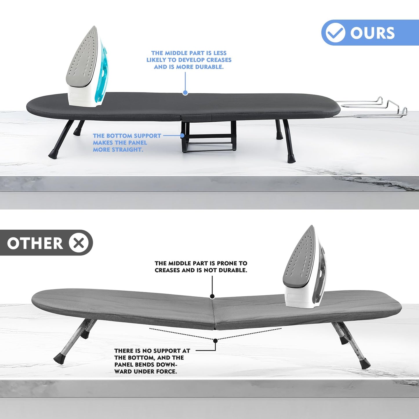 BiJun Small Ironing Board, Foldable Table Top Ompact Portable Mini Ironing Board w/Iron Rest, Set for Dorm Rooms, RVs, Travel Apartments Black Easy to Use and Save Space