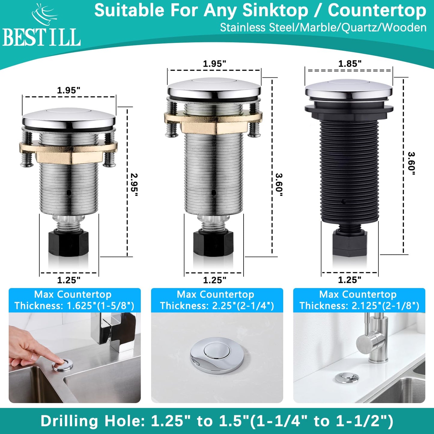 BESTILL Garbage Disposal Air Switch Kit - UL Listed, All Metal Sink Top On/Off Button in Chrome, Compatible with Kohler, Moen and Delta Faucets