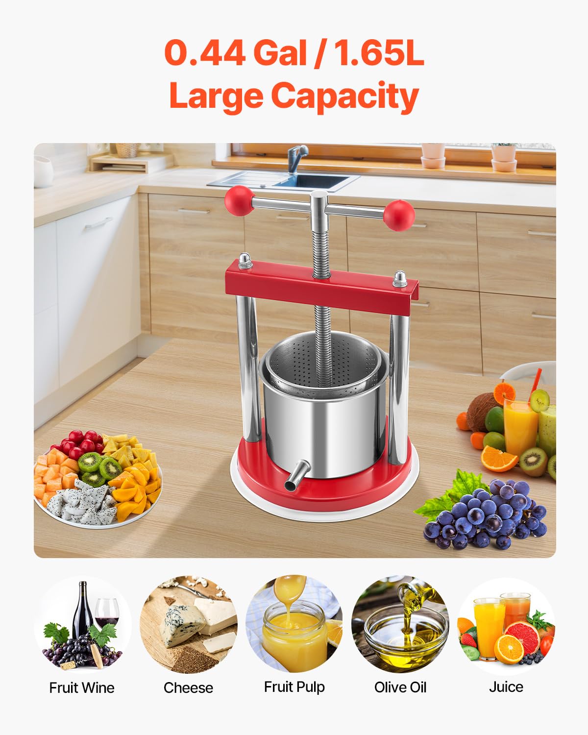 VEVOR 0.44 Gal/1.65L Fruit Wine Press, 2 Stainless Steel Barrels, Manual Juice Maker, Cider Apple Grape Tincture Honey Olive Oil Making Press with T-Handle for Outdoor Kitchen Home