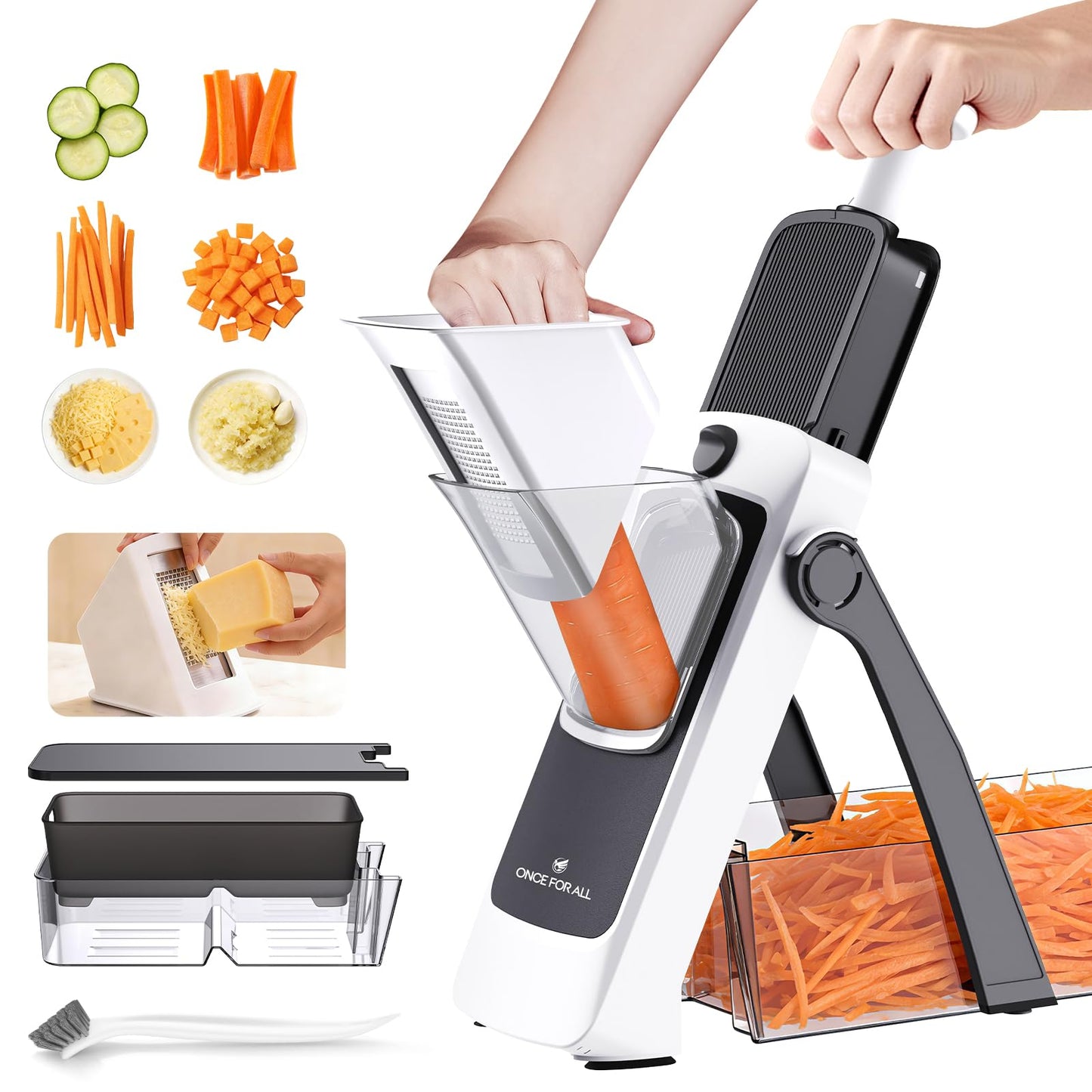ONCE FOR ALL Safe Mandoline Slicer Pro, Gen 4th, Adjustable Thickness Vegetable Slicer For Kitchen, Food Chopper With Container, Lid, Drain Basket, Veggie Cutter For Potato Onion Fruit
