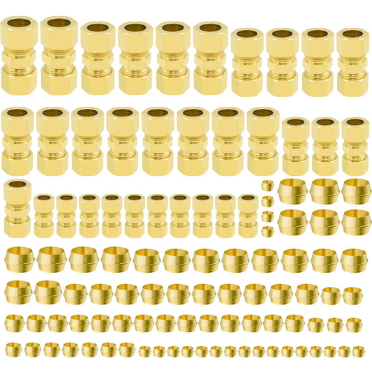 108pcs Brass Compression Tube Pipe Fittings Assortment Kit, 1/8" 3/16" 1/4" 3/8" 5/16" 1/2" OD Compression Union Connector & Compression Sleeves Ferrules
