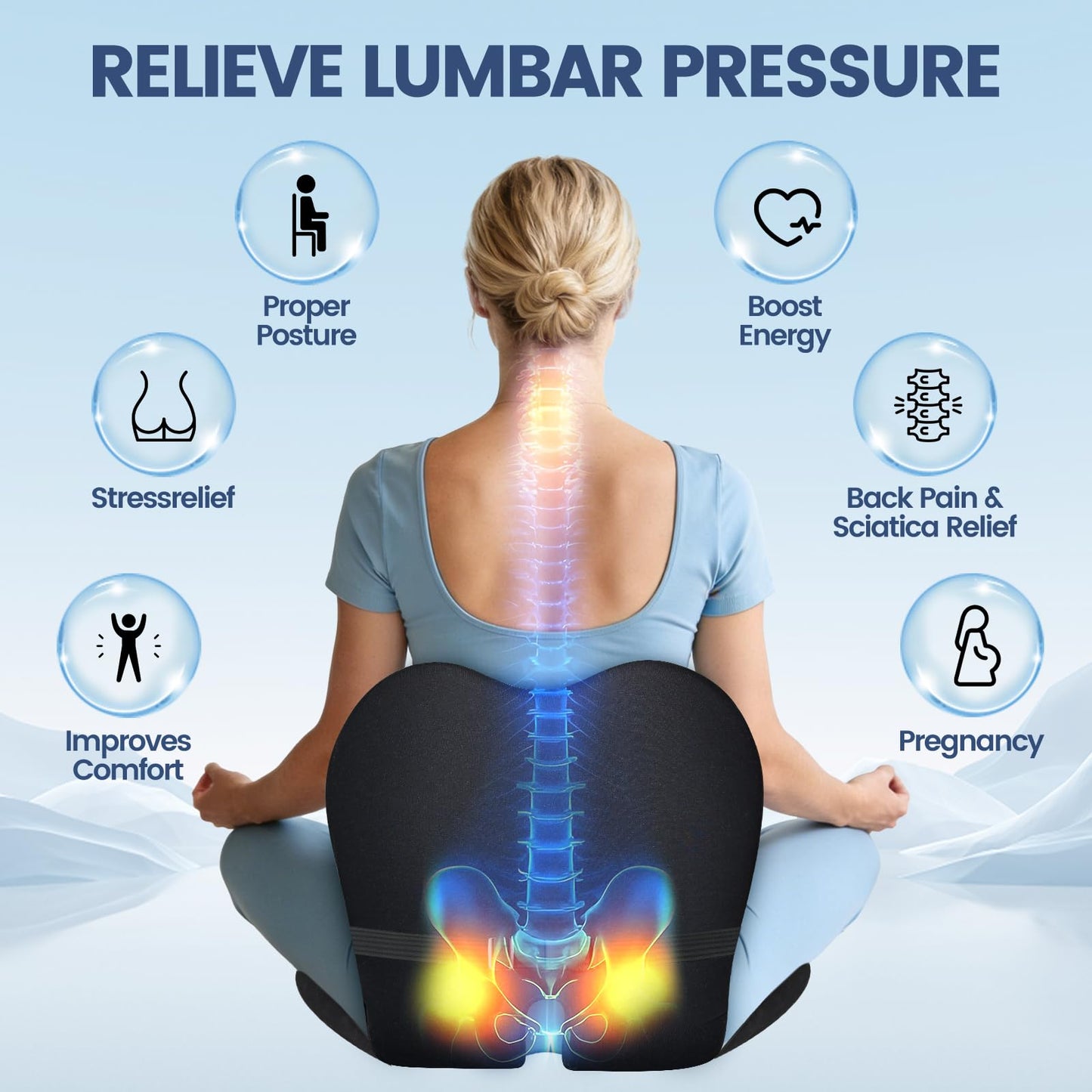 Amxixaun Lumbar Support Seat Cushion - Memory Foam Cushion for Office Chair, Car Seat, Airplane - Sciatica & Hip & Coccyx Pain Relief Desk Chair Cushion for Long Sitting Office Workers, Car Drivers