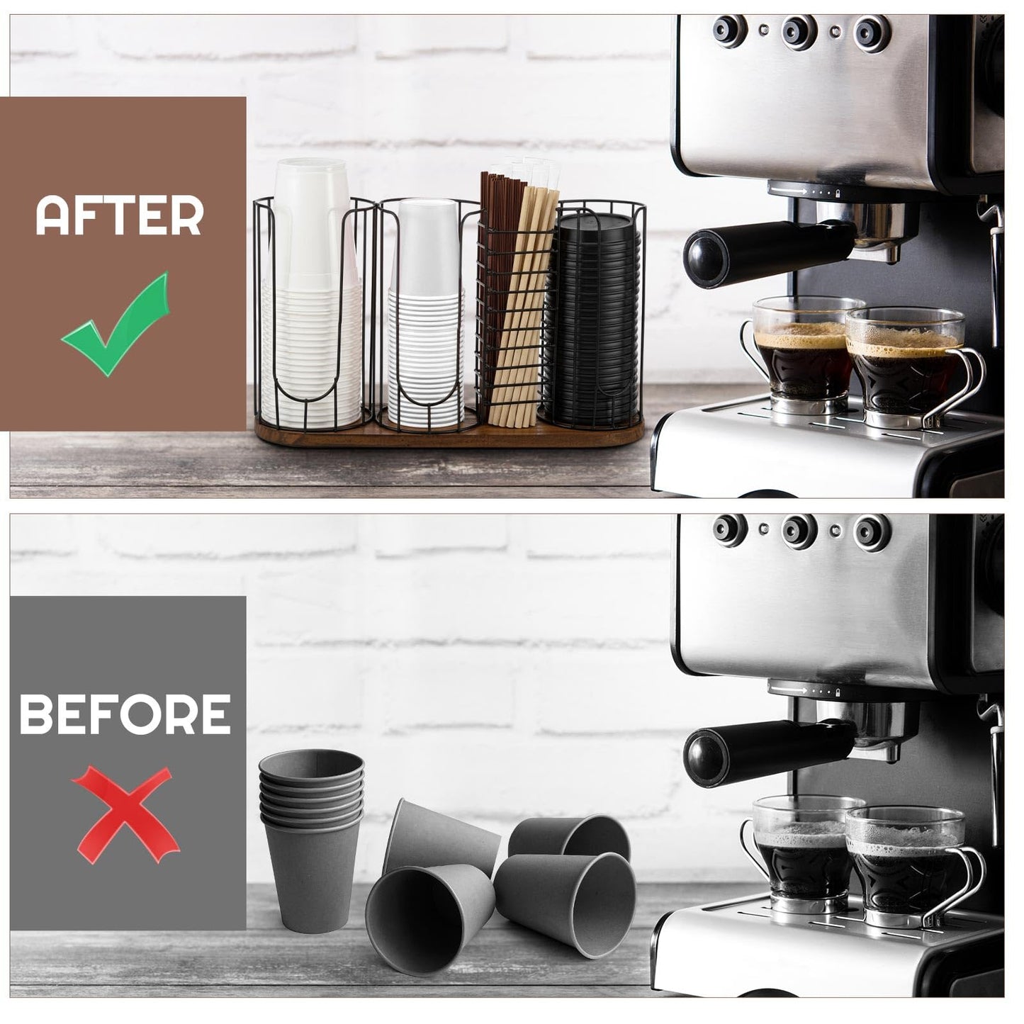 Geelin 18oz Adjustable Coffee Cup Dispenser with Wooden Base, Cup Holder Organizer for Storing Paper Cups, Straws, Lids and Other Tableware(4-compartment Single,Color 1)