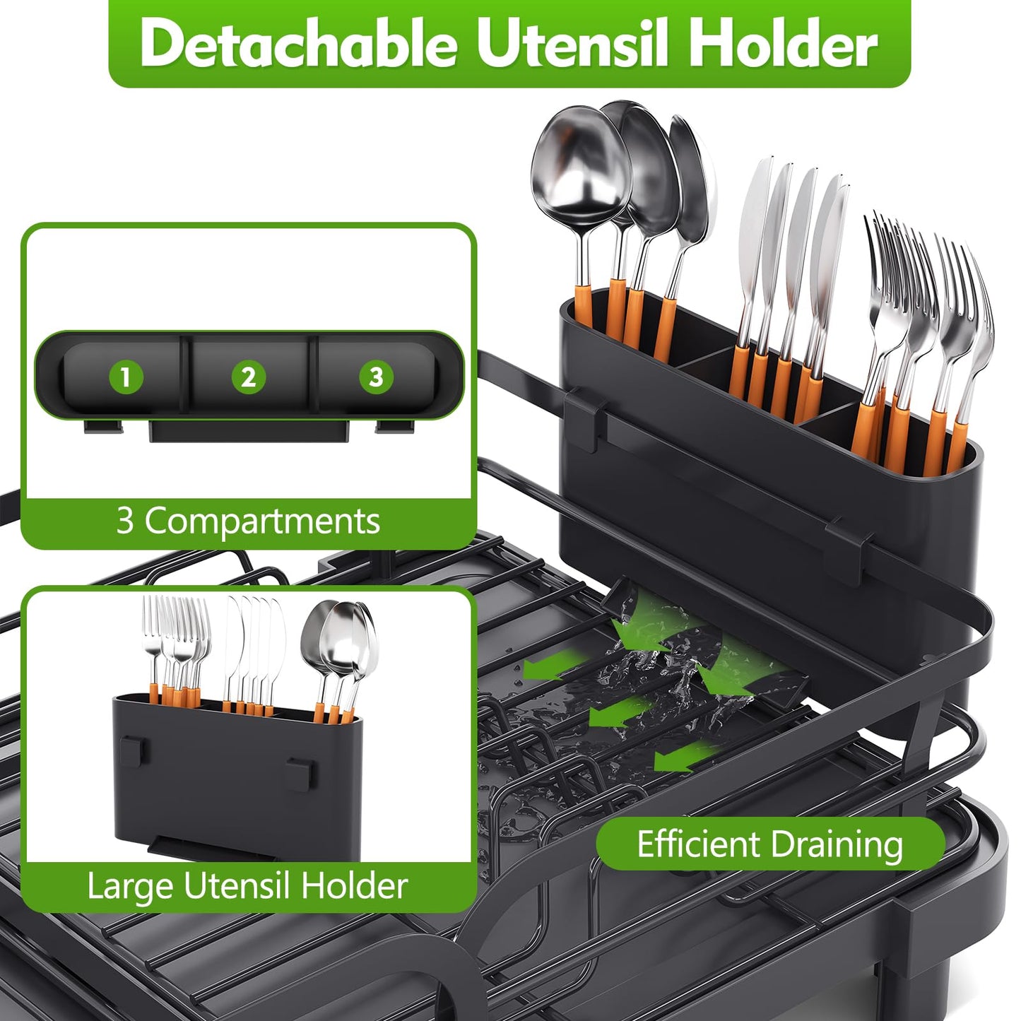 TOOLF Expandable Dish Rack, Dish Drying Rack for Kitchen Counter, Foldable Dish Dryer Rack, Stainless Steel Dish Drainer Racks with Cutlery Holder, Collapsible Dish Drying Racks Standard Size,Black