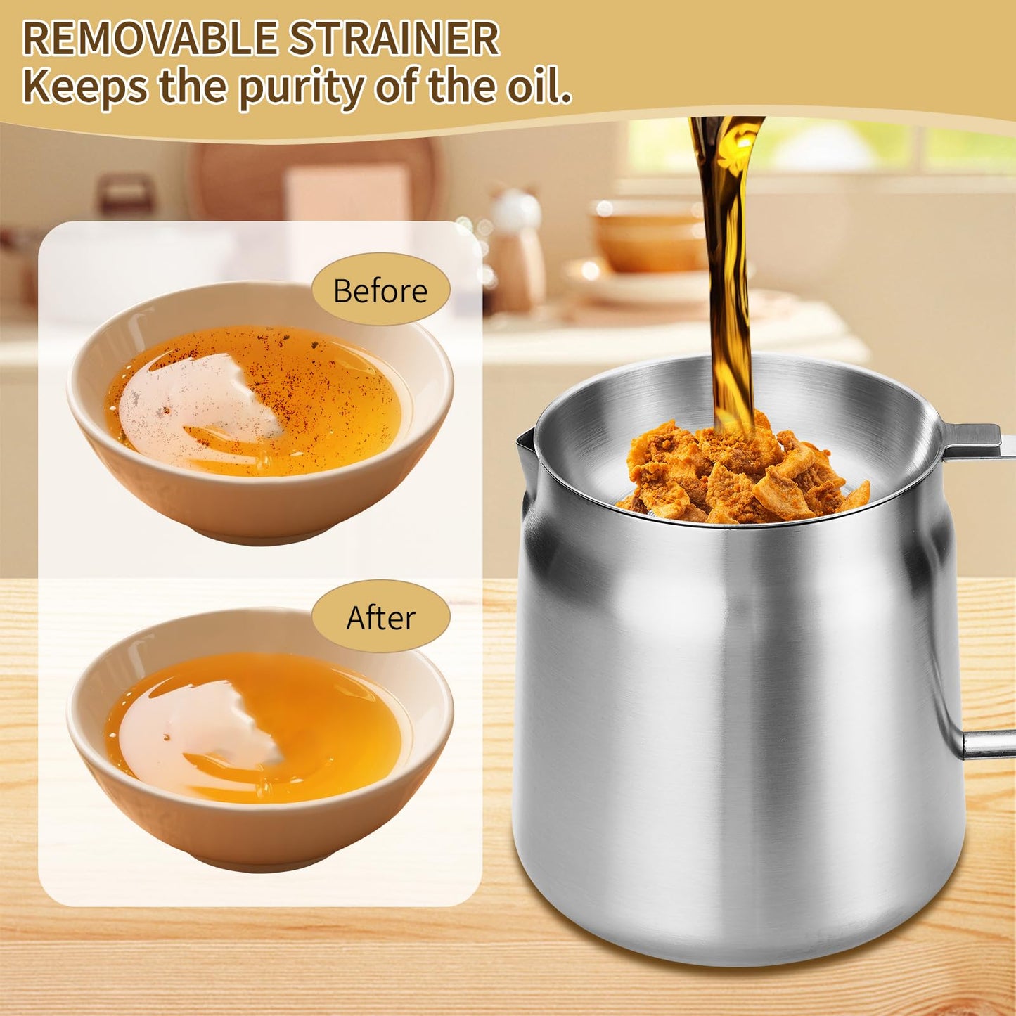 119oz 304 Stainless Steel Deep Fryer Pot with Basket & Strainer, Large Capacity Bacon Grease Container for Kitchen,Frying, Cooking, Camping,Oil Filter Container - Dishwasher Safe (119oz/3.5L/3.7Qt)
